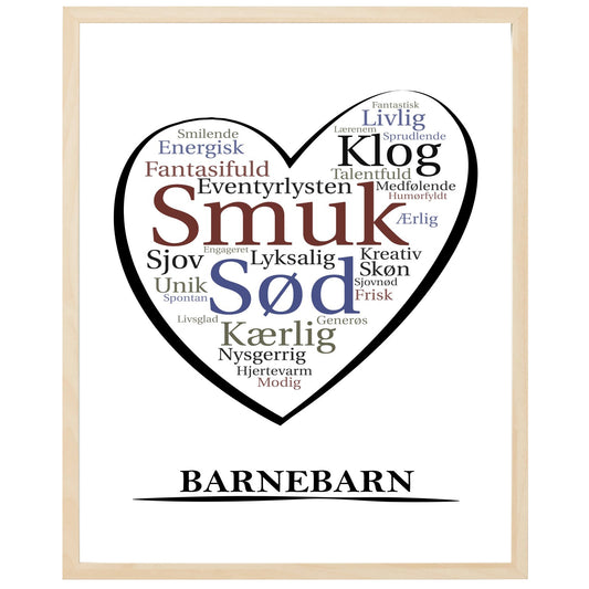 En plakat med overskriften Barnebarn, et hjerte og indeni hjertet mange positive ord som beskriver en Barnebarn