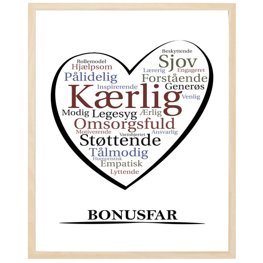 En plakat med overskriften Bonusfar, et hjerte og indeni hjertet mange positive ord som beskriver en Bonusfar