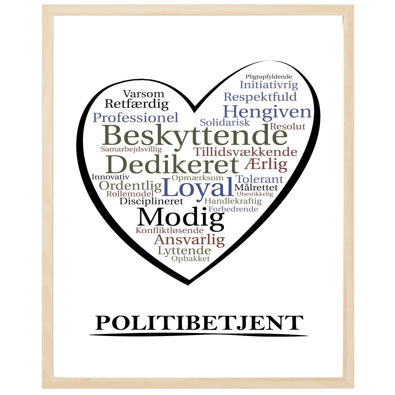 En plakat med overskriften Politibetjent, et hjerte og indeni hjertet mange positive ord som beskriver en Politibetjent