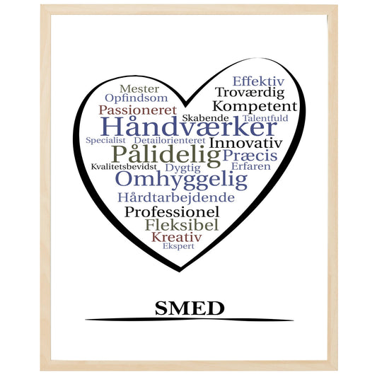 En plakat med overskriften Smed, et hjerte og indeni hjertet mange positive ord som beskriver en Smed