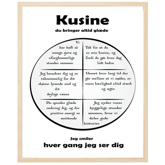 En plakat med overskriften Kusine, en rustik cirkel og indeni cirklen mange positive sætninger som beskriver en Kusine