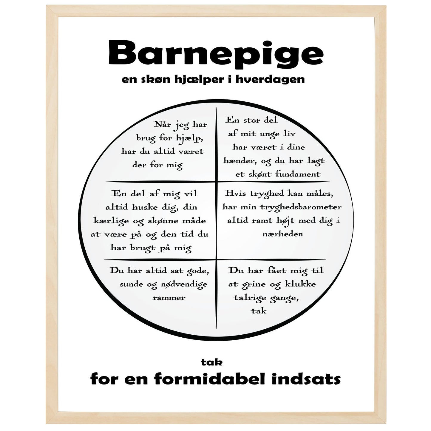 En plakat med overskriften Barnepige, en rustik cirkel og indeni cirklen mange positive sætninger som beskriver en Barnepige