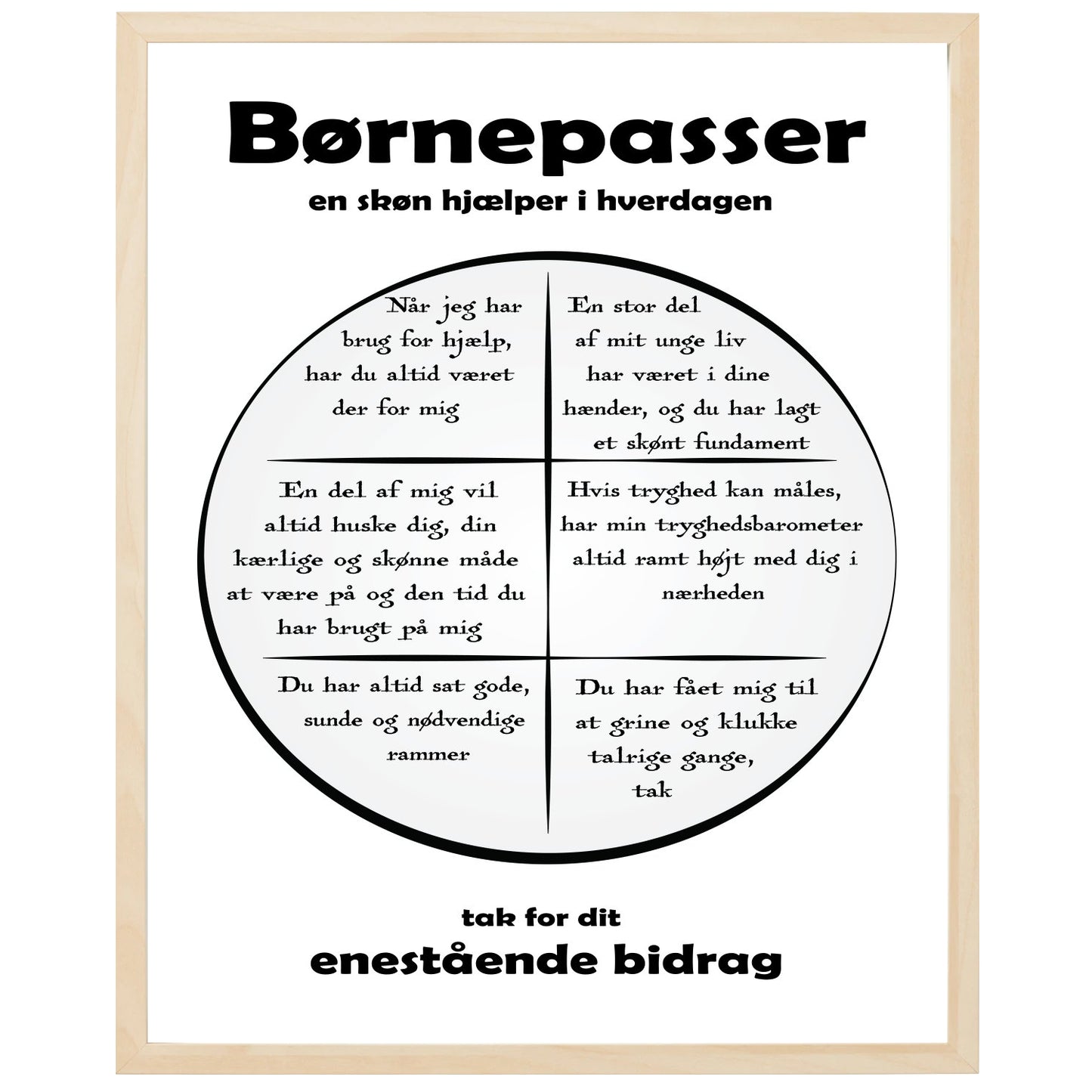 En plakat med overskriften Børnepasser, en rustik cirkel og indeni cirklen mange positive sætninger som beskriver en Børnepasser