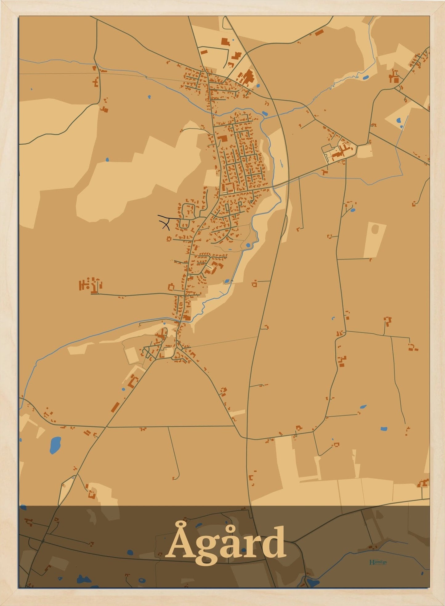 Ågård plakat i farve pastel brun og HjemEgn.dk design firkantet. Design bykort for Ågård