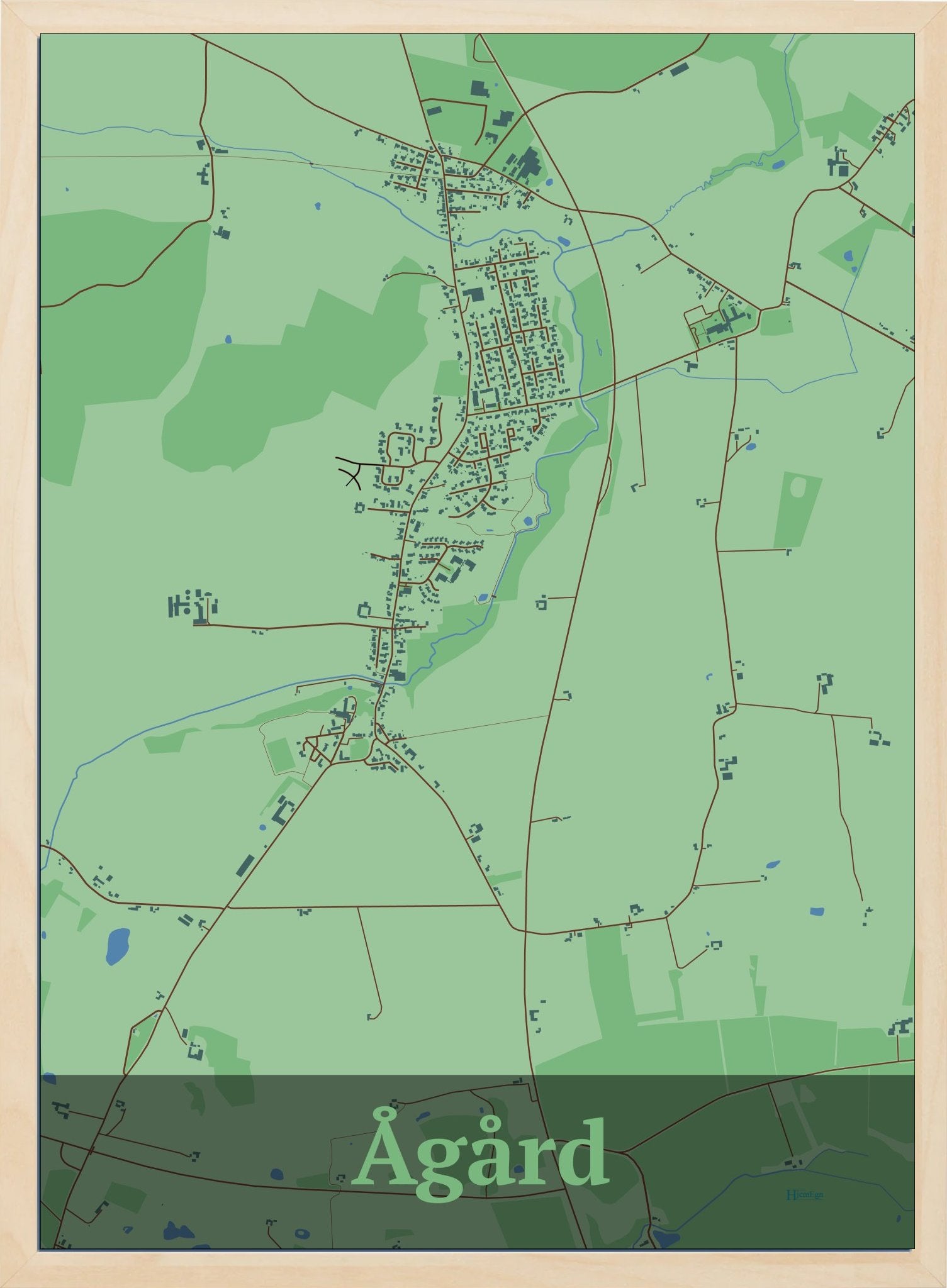 Ågård plakat i farve pastel grøn og HjemEgn.dk design firkantet. Design bykort for Ågård