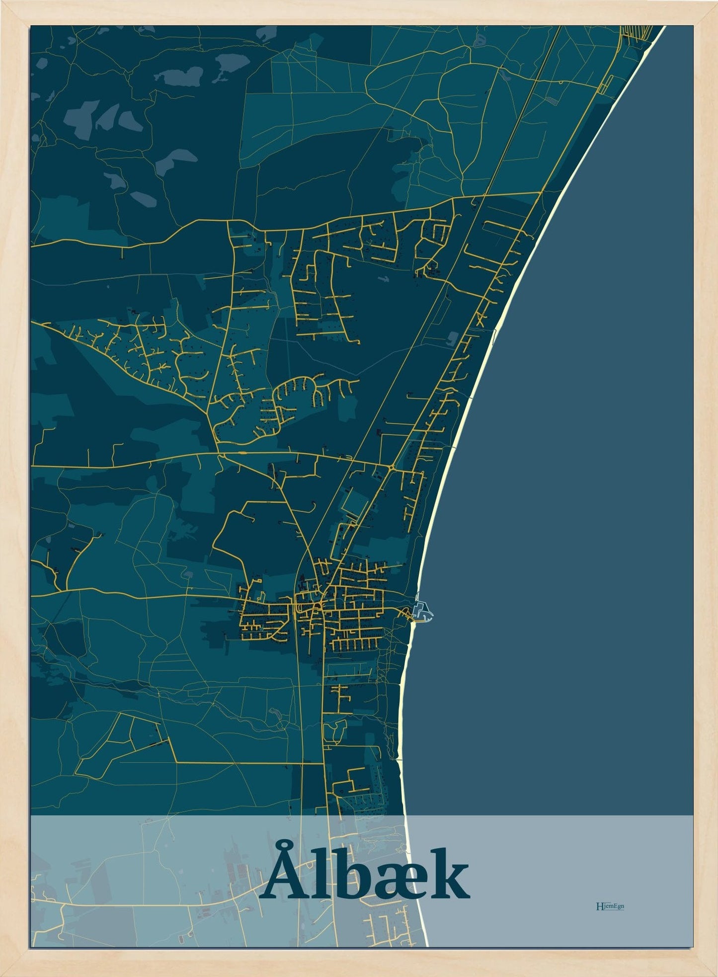 Ålbæk plakat med HjemEgn.dk design firkantet. Design bykort for Ålbæk