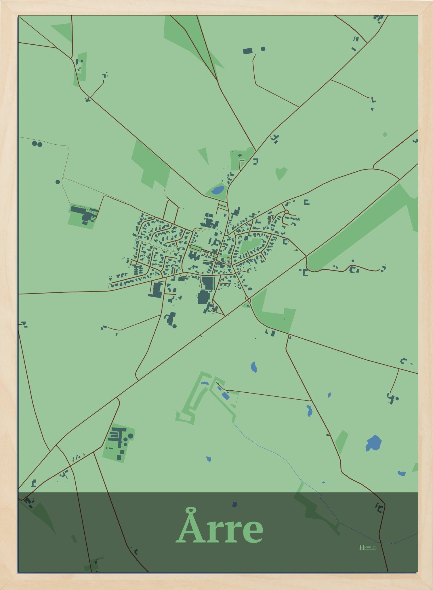 Årre plakat i pastel grøn og HjemEgn.dk design firkantet. Design bykort for Årre