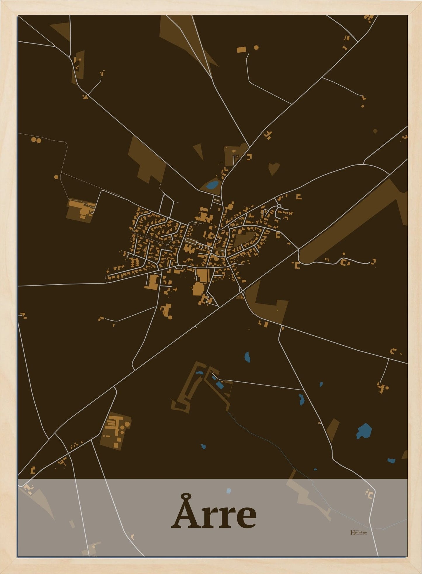 Årre plakat i mørk brun og HjemEgn.dk design firkantet. Design bykort for Årre