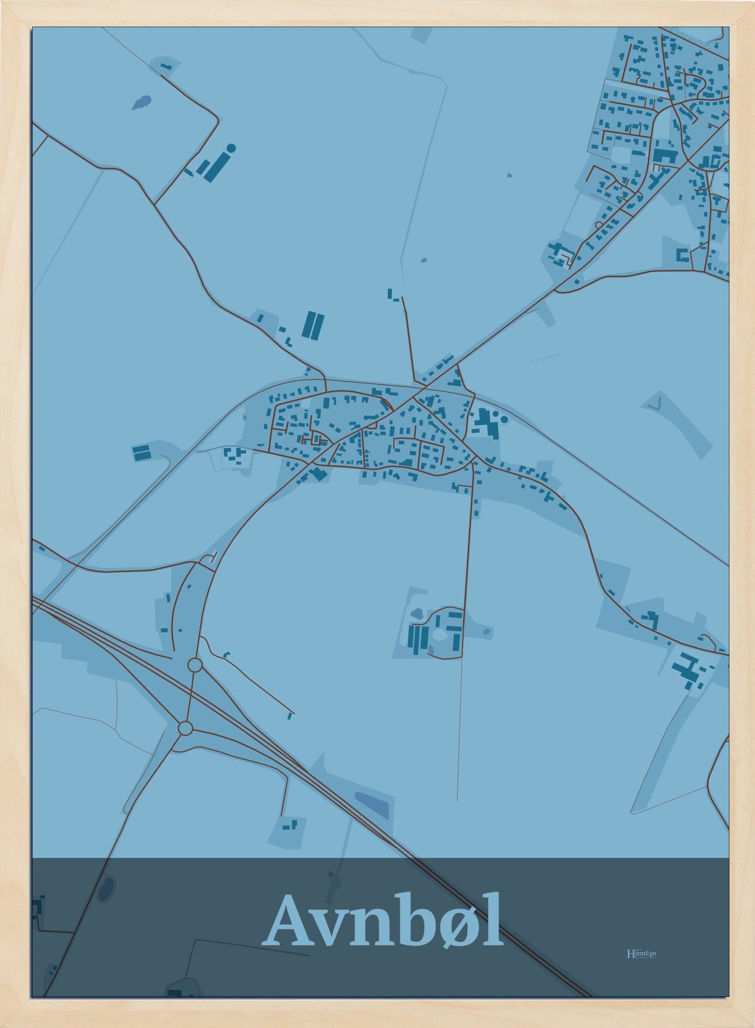 Avnbøl plakat i farve pastel blå og HjemEgn.dk design firkantet. Design bykort for Avnbøl