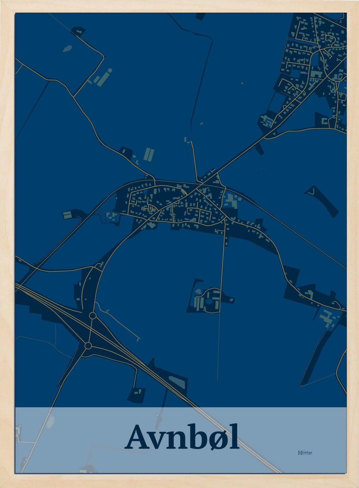 Avnbøl plakat i farve mørk blå og HjemEgn.dk design firkantet. Design bykort for Avnbøl