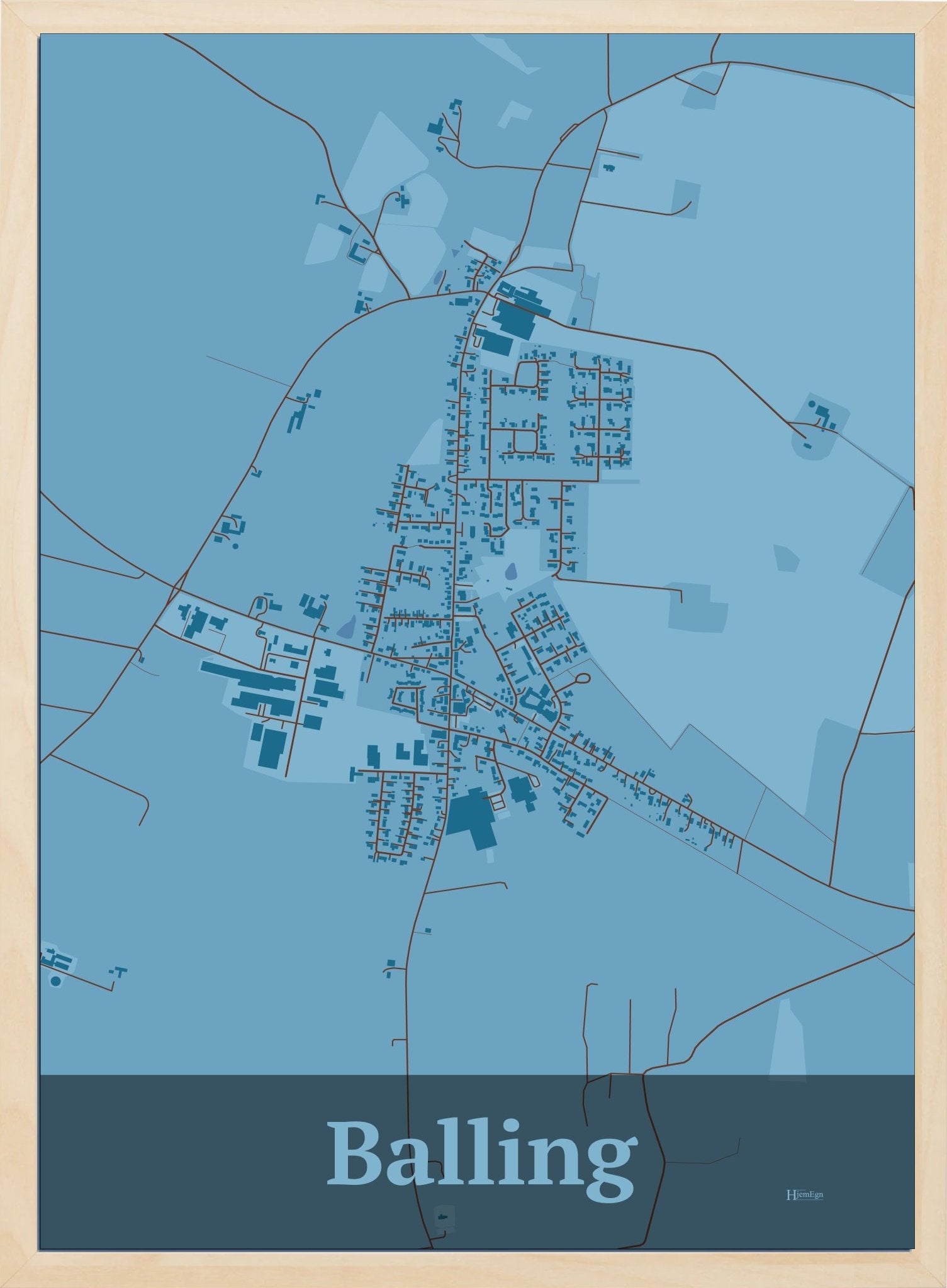 Balling plakat i farve pastel blå og HjemEgn.dk design firkantet. Design bykort for Balling