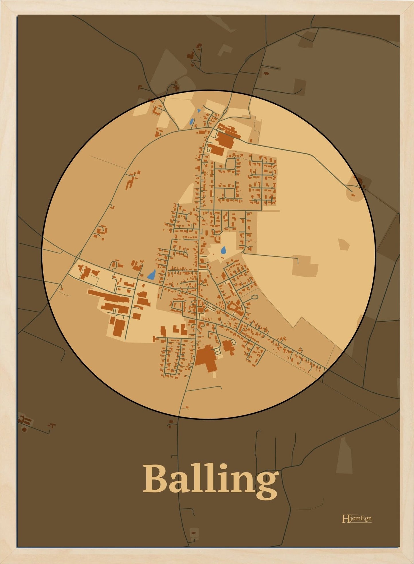 Balling plakat i farve pastel brun og HjemEgn.dk design centrum. Design bykort for Balling