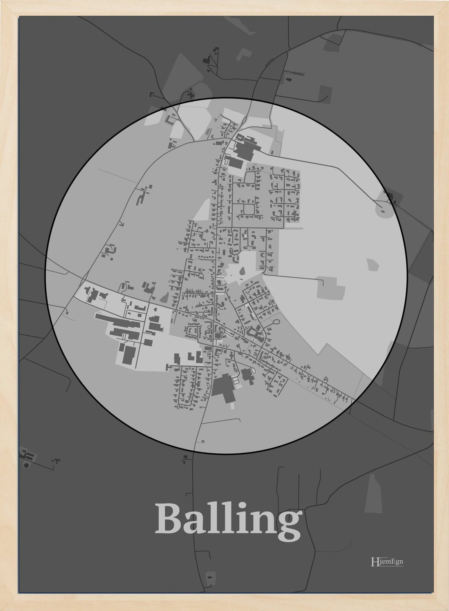 Balling plakat i farve pastel grå og HjemEgn.dk design centrum. Design bykort for Balling