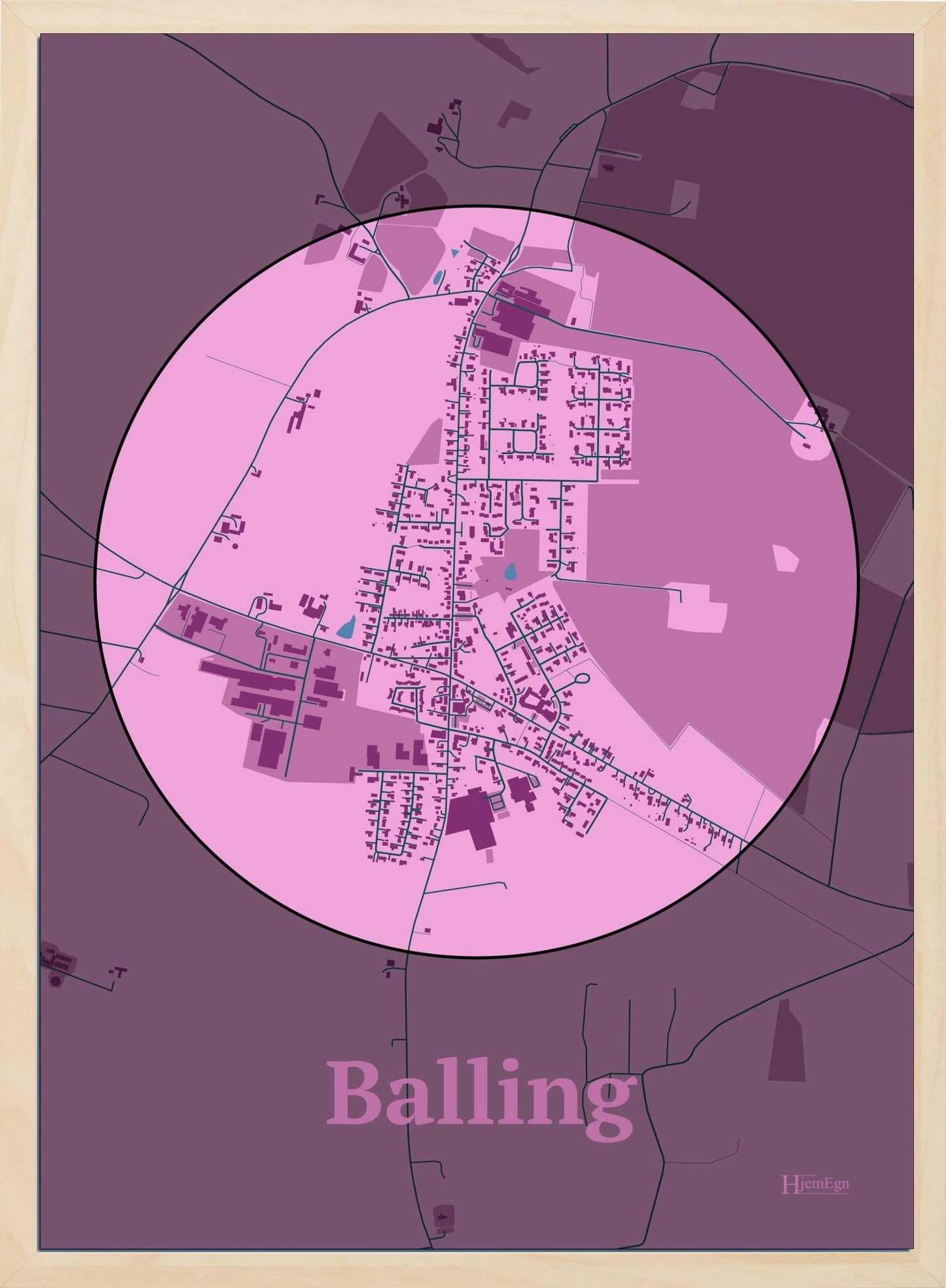 Balling plakat i farve pastel rød og HjemEgn.dk design centrum. Design bykort for Balling