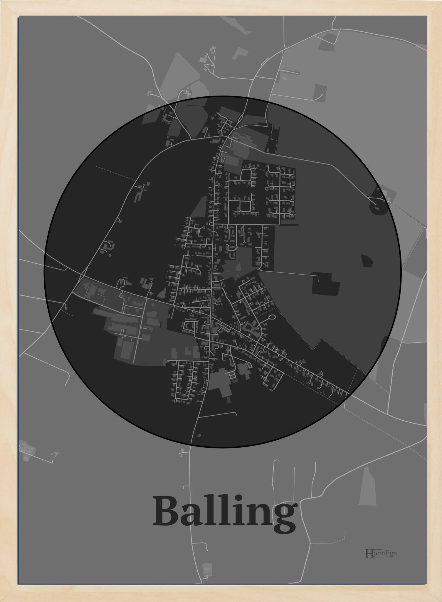 Balling plakat i farve mørk grå og HjemEgn.dk design centrum. Design bykort for Balling