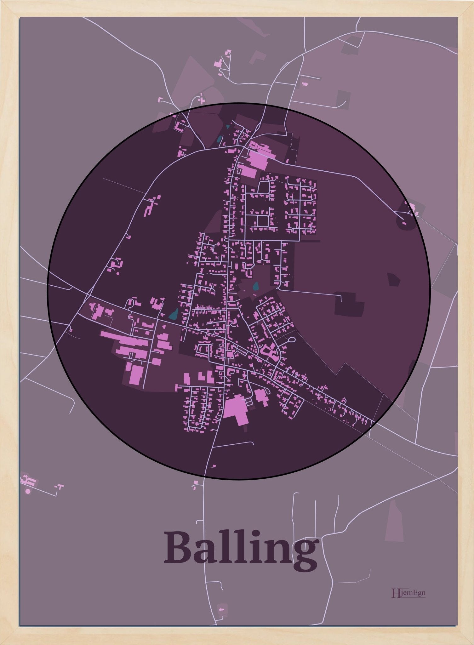 Balling plakat i farve mørk rød og HjemEgn.dk design centrum. Design bykort for Balling