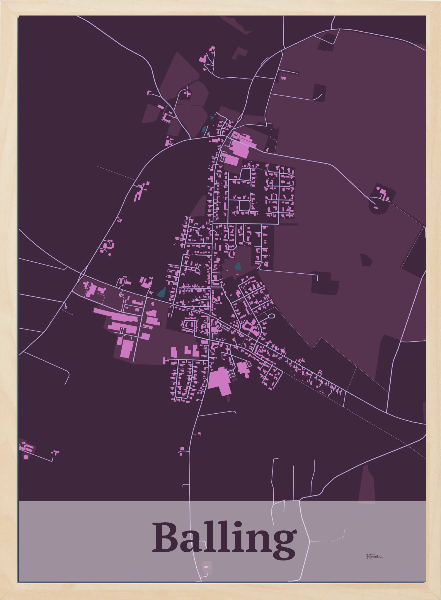 Balling plakat i farve mørk rød og HjemEgn.dk design firkantet. Design bykort for Balling