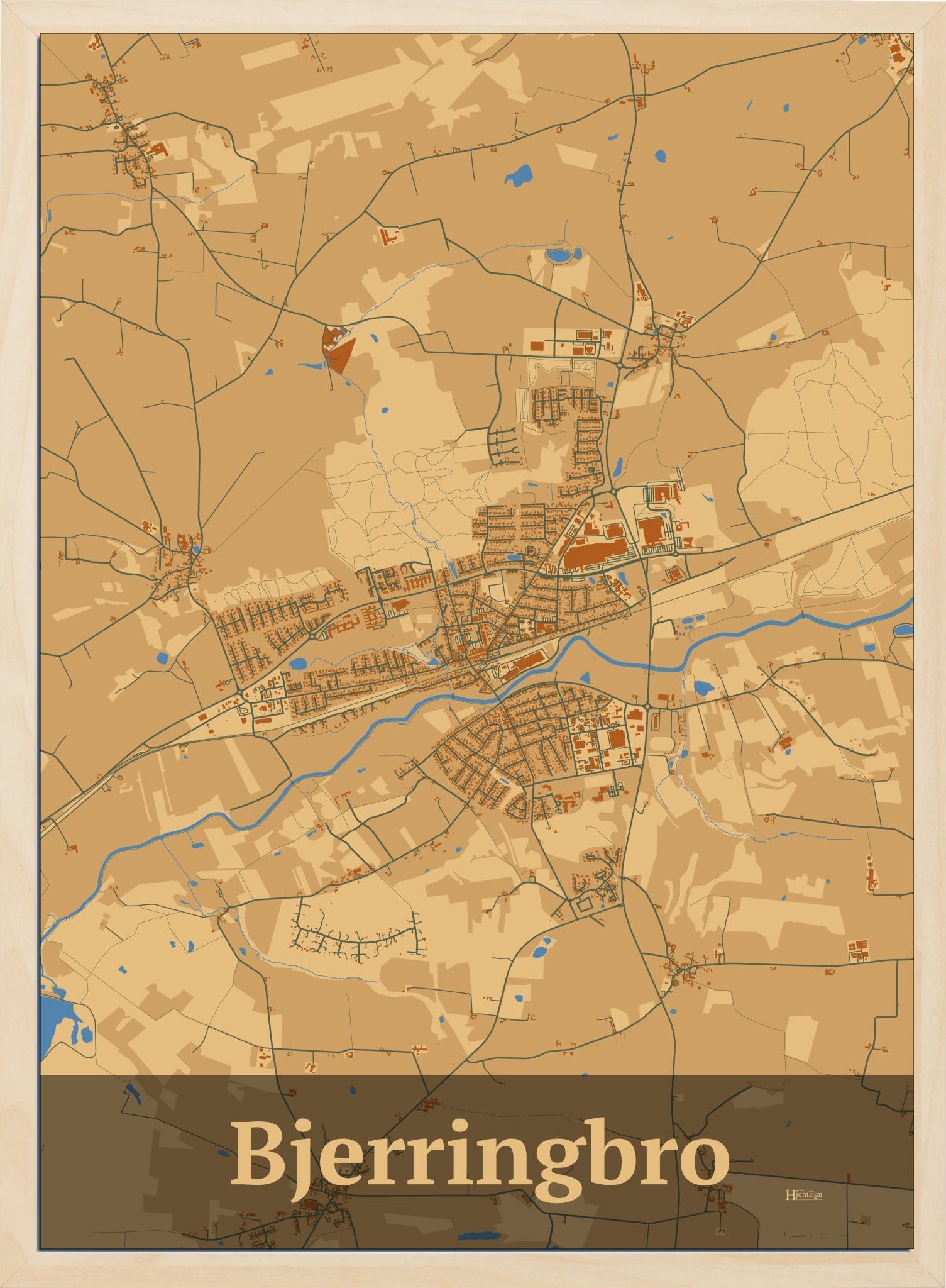 Bjerringbro plakat i farve pastel brun og HjemEgn.dk design firkantet. Design bykort for Bjerringbro