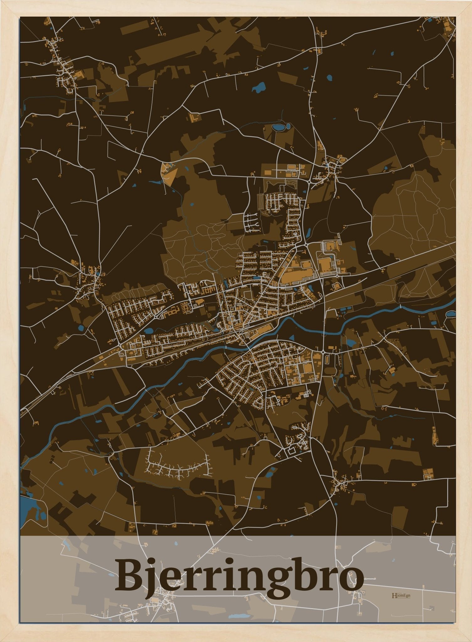 Bjerringbro plakat i farve mørk brun og HjemEgn.dk design firkantet. Design bykort for Bjerringbro