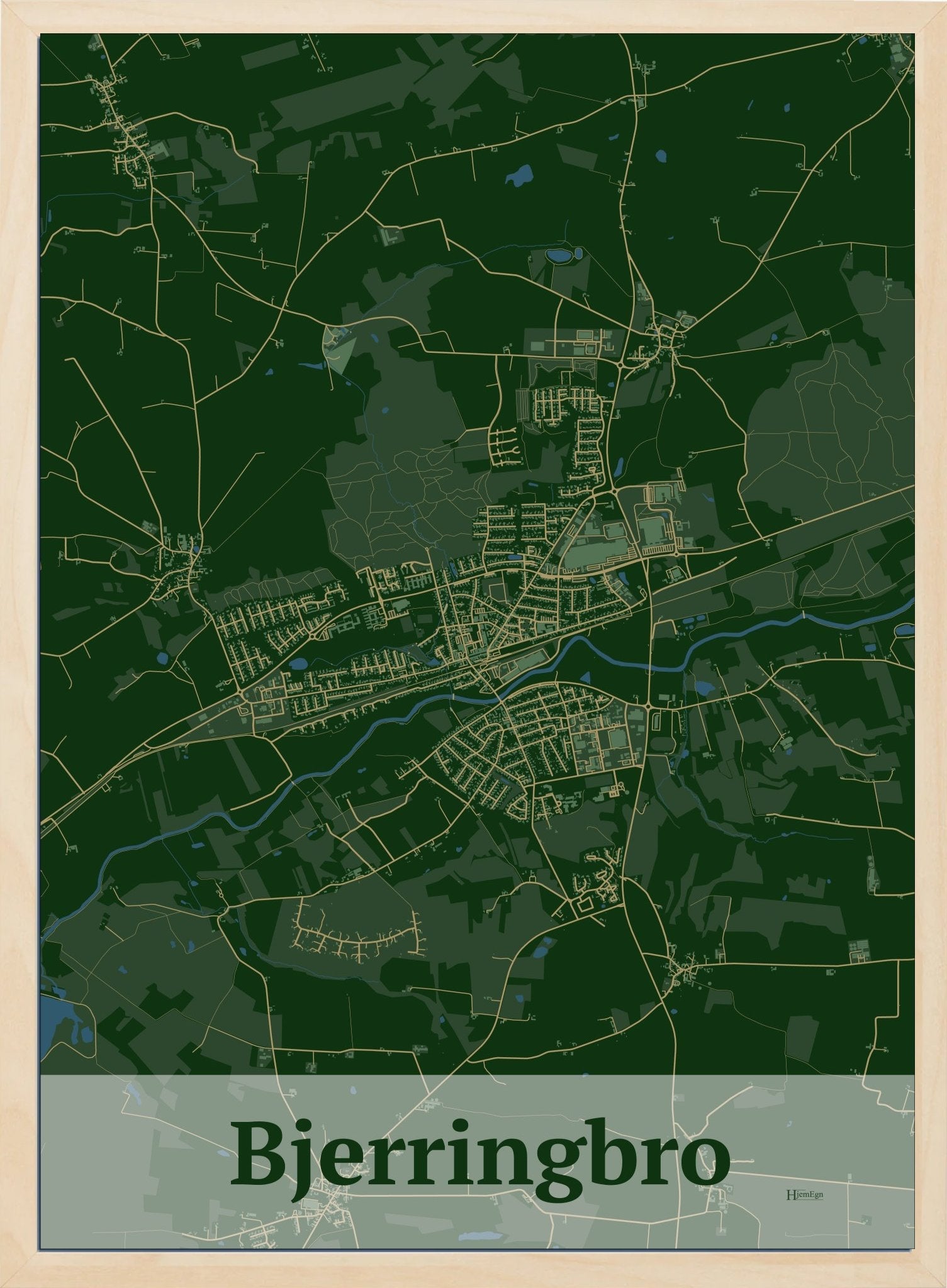 Bjerringbro plakat i farve mørk grøn og HjemEgn.dk design firkantet. Design bykort for Bjerringbro