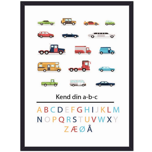 børneplakat kend din abc med farvede illustrerede biler