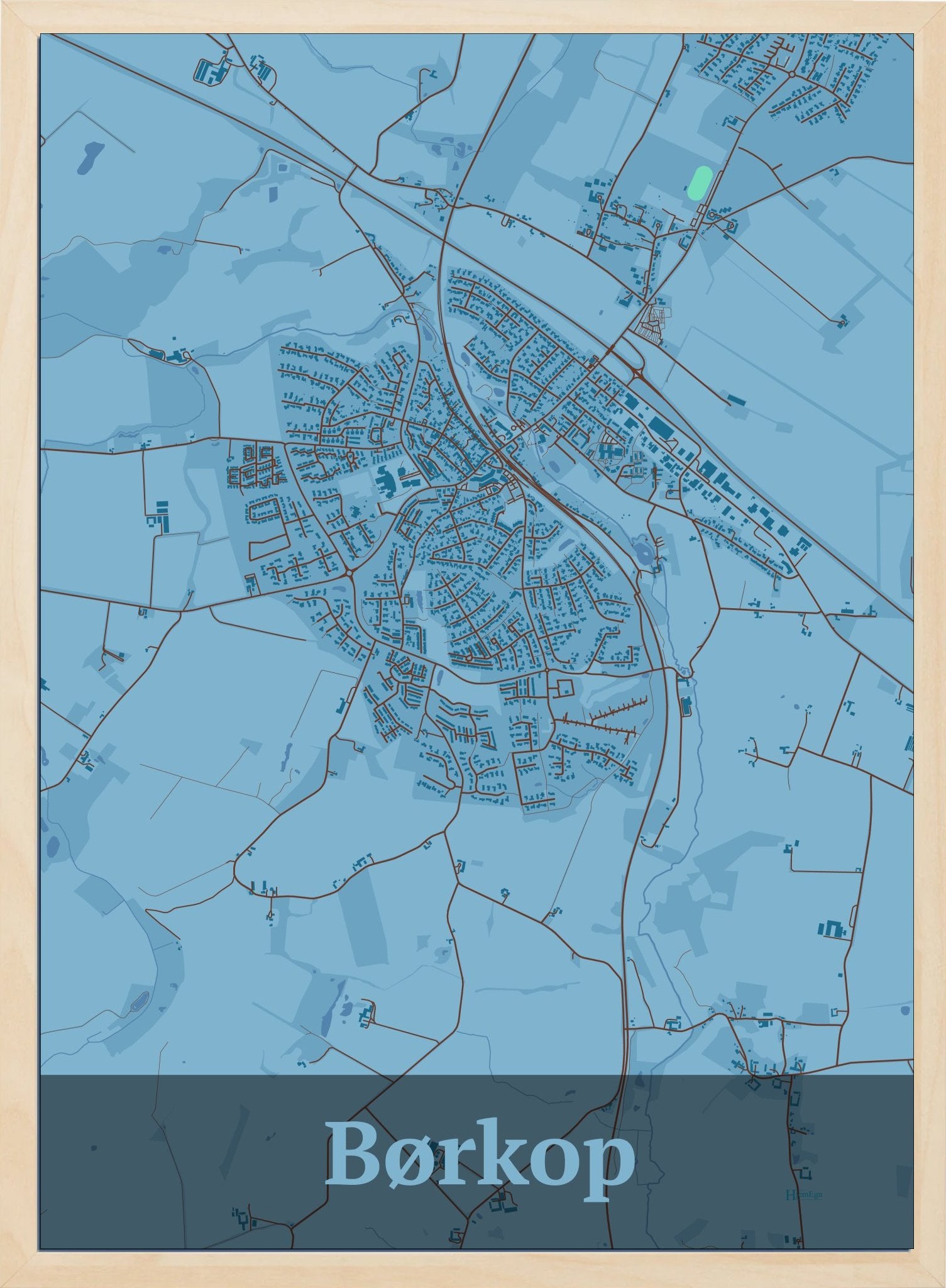 Børkop plakat i farve pastel blå og HjemEgn.dk design firkantet. Design bykort for Børkop