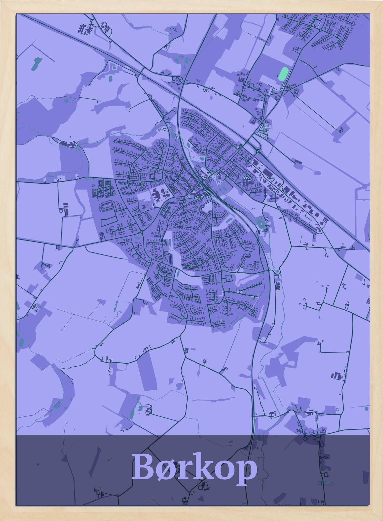 Børkop plakat i farve pastel lilla og HjemEgn.dk design firkantet. Design bykort for Børkop