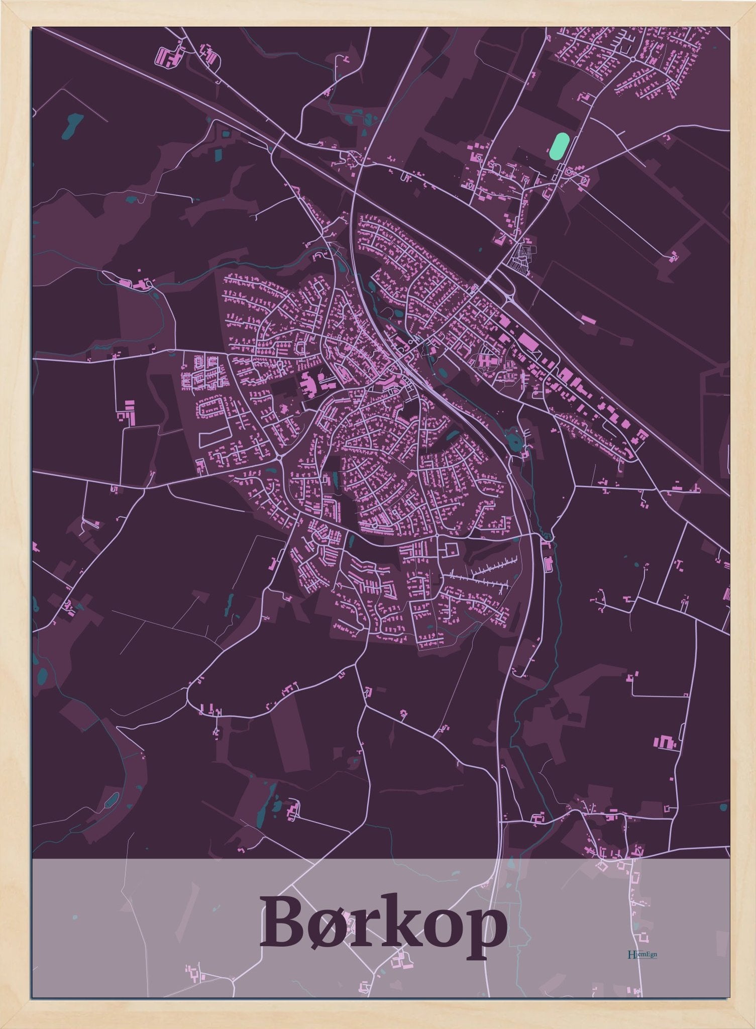 Børkop plakat i farve mørk rød og HjemEgn.dk design firkantet. Design bykort for Børkop