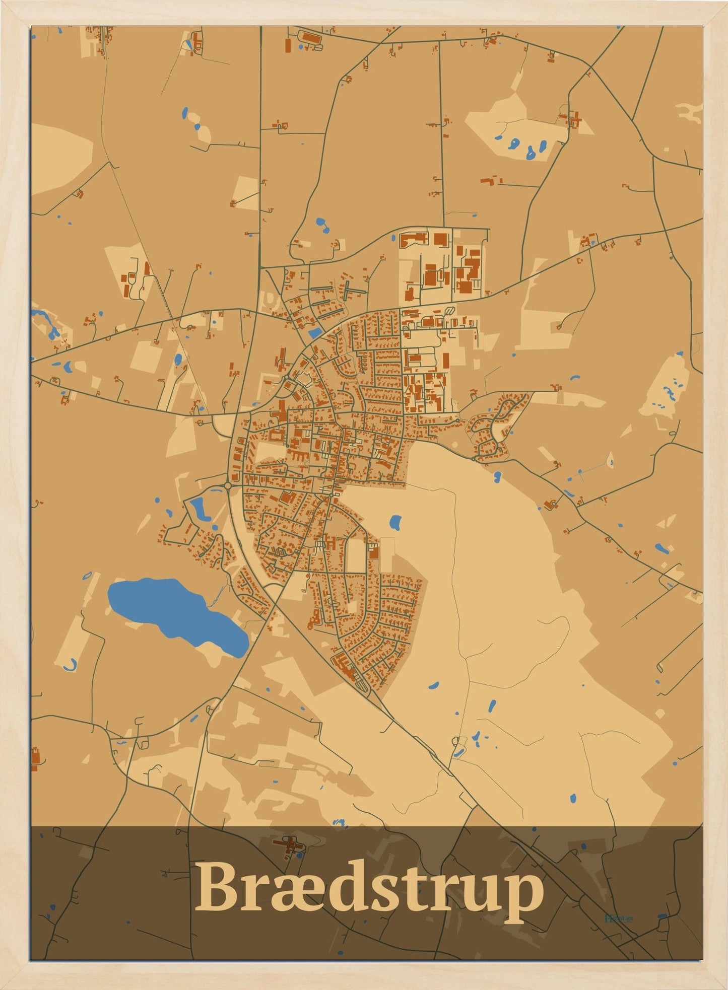 Brædstrup plakat i farve pastel brun og HjemEgn.dk design firkantet. Design bykort for Brædstrup