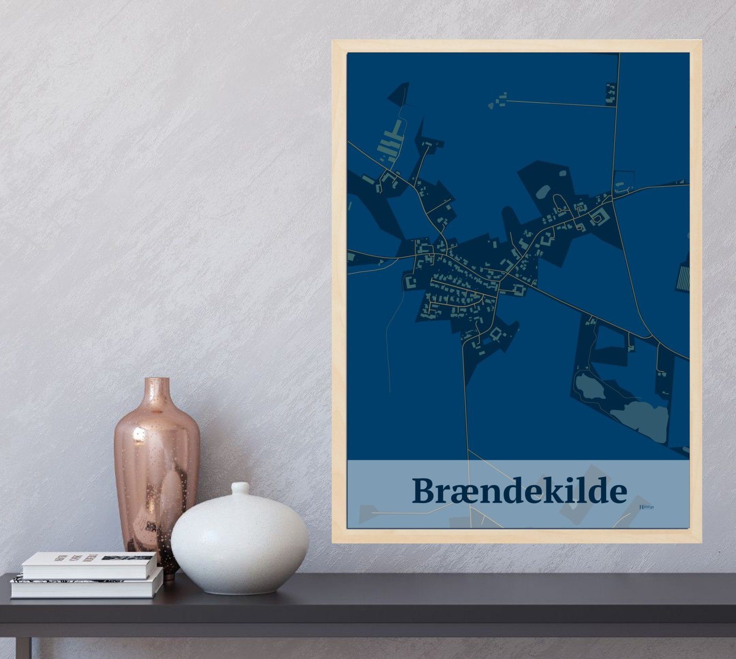 Brændekilde plakat i farve  og HjemEgn.dk design firkantet. Design bykort for Brændekilde