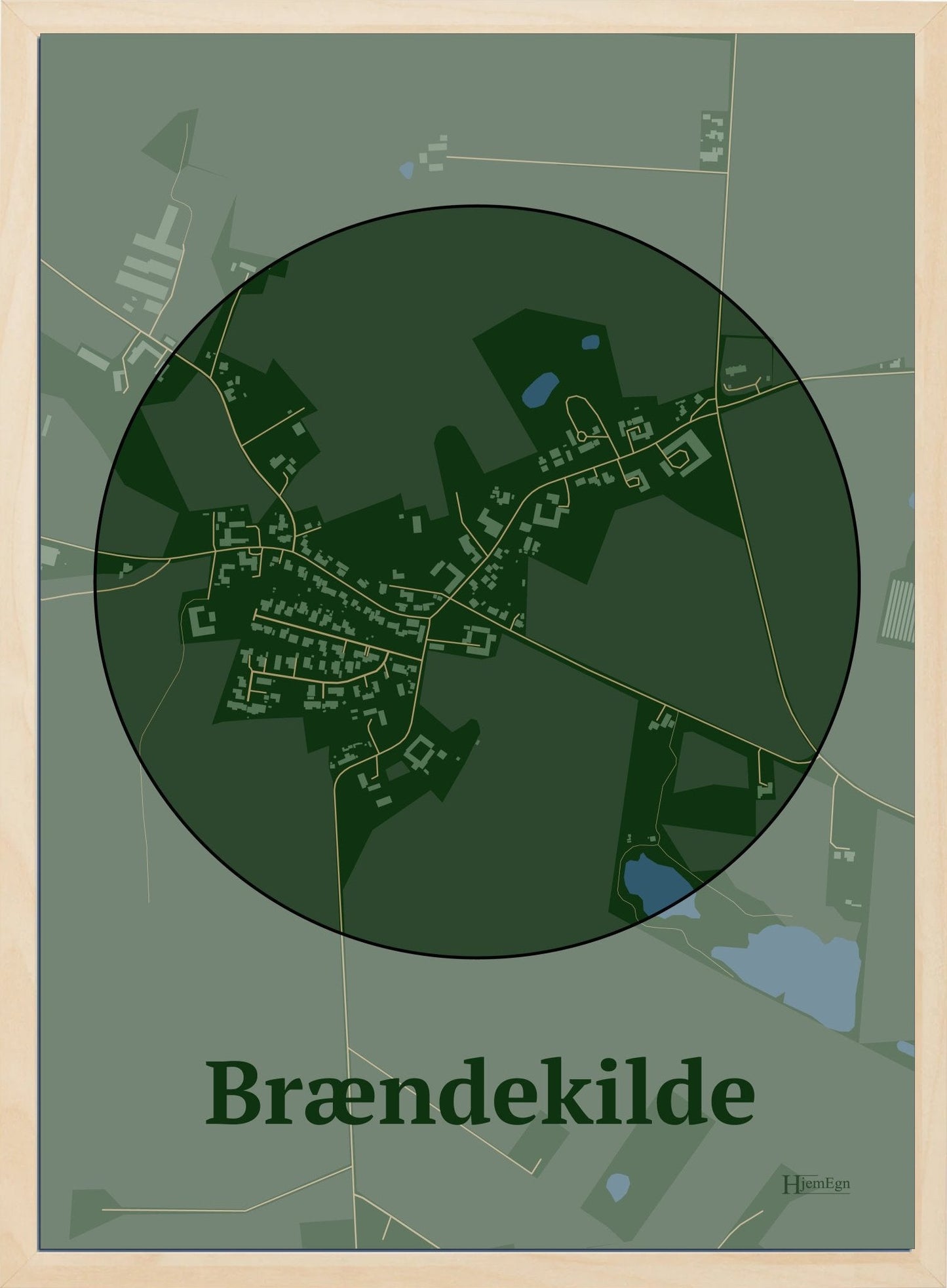 Brændekilde plakat i farve mørk grøn og HjemEgn.dk design centrum. Design bykort for Brændekilde