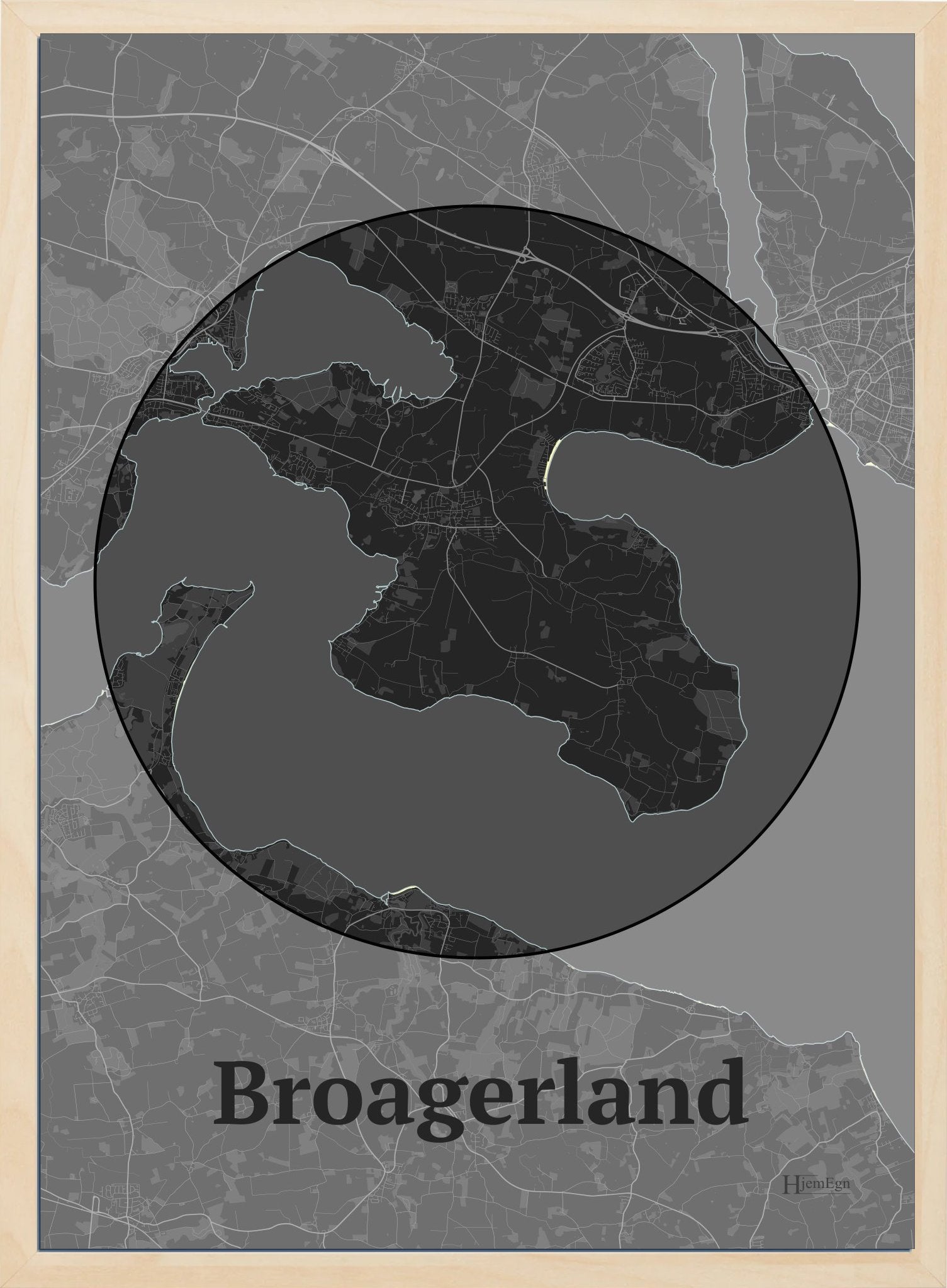 Broagerland plakat i farve mørk grå og HjemEgn.dk design centrum. Design bykort for Broagerland