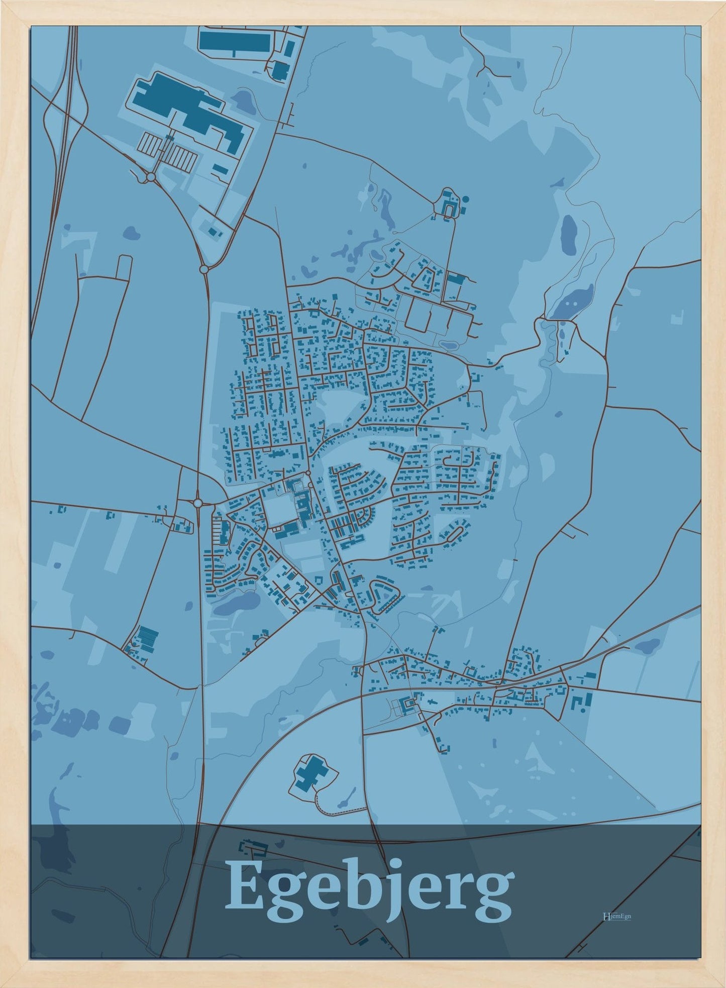 Egebjerg plakat i farve pastel blå og HjemEgn.dk design firkantet. Design bykort for Egebjerg
