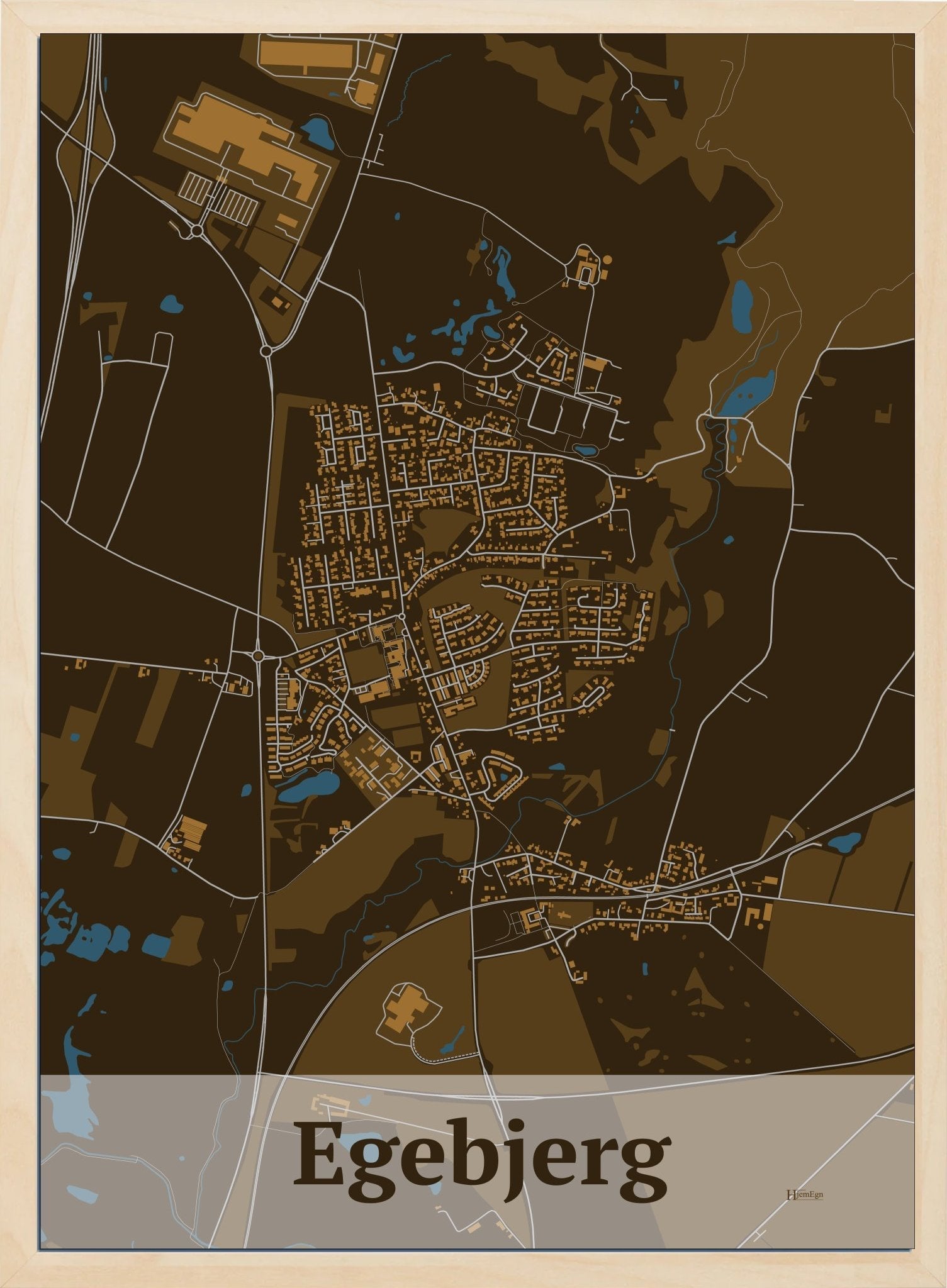 Egebjerg plakat i farve mørk brun og HjemEgn.dk design firkantet. Design bykort for Egebjerg