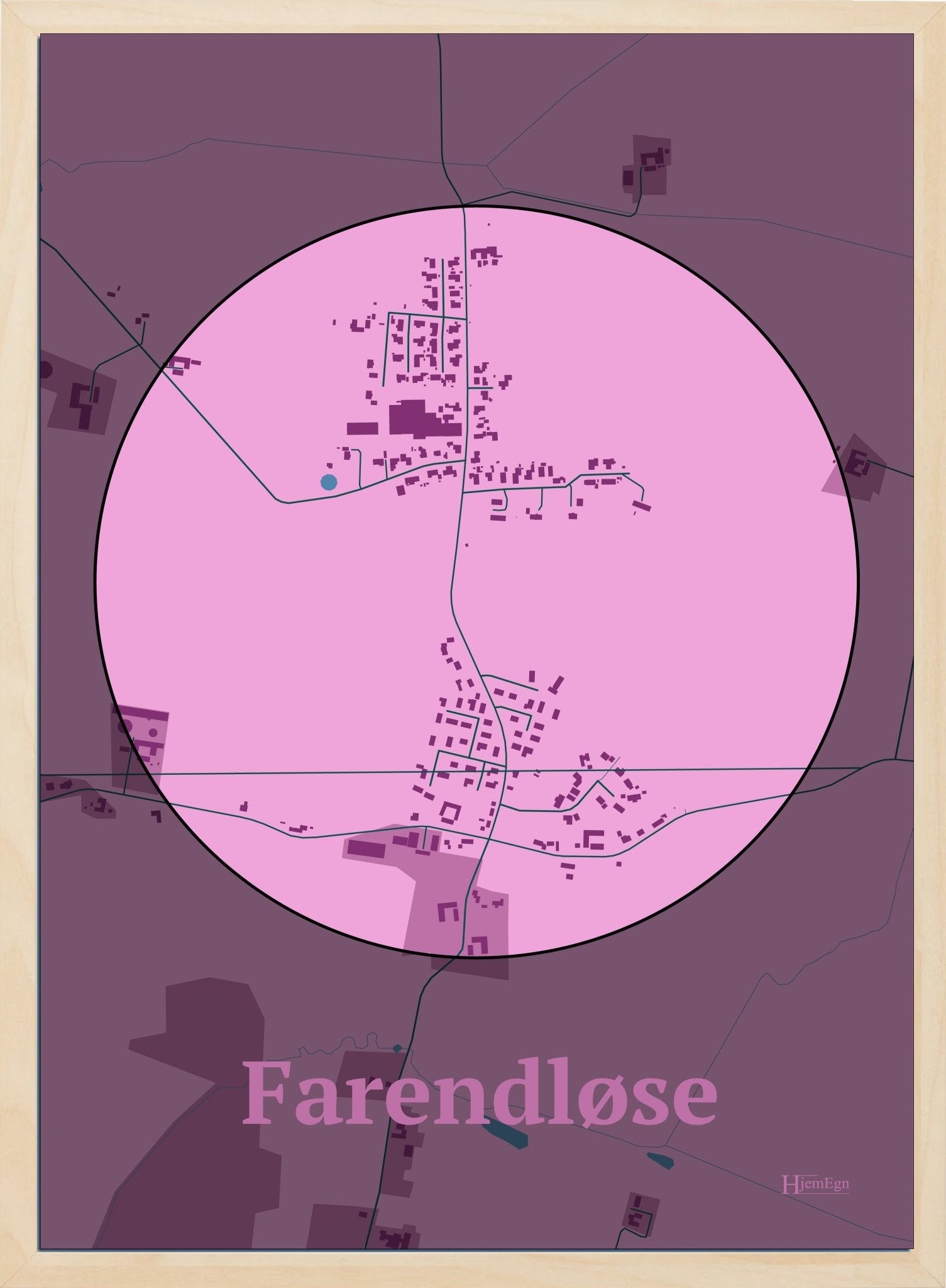 Farendløse plakat i farve pastel rød og HjemEgn.dk design centrum. Design bykort for Farendløse