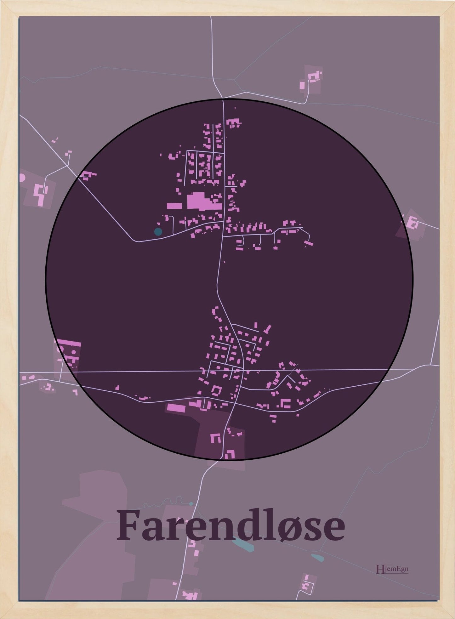 Farendløse plakat i farve mørk rød og HjemEgn.dk design centrum. Design bykort for Farendløse