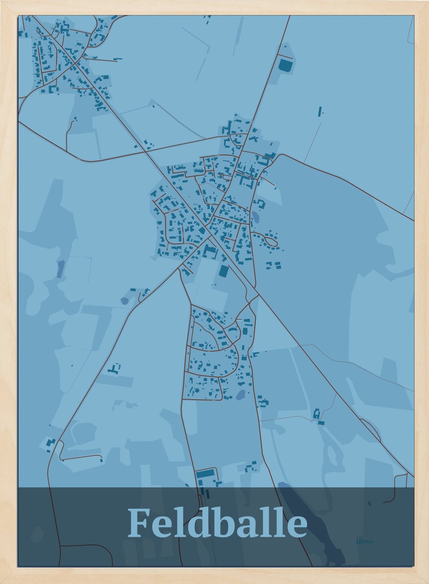 Feldballe plakat i farve pastel blå og HjemEgn.dk design firkantet. Design bykort for Feldballe