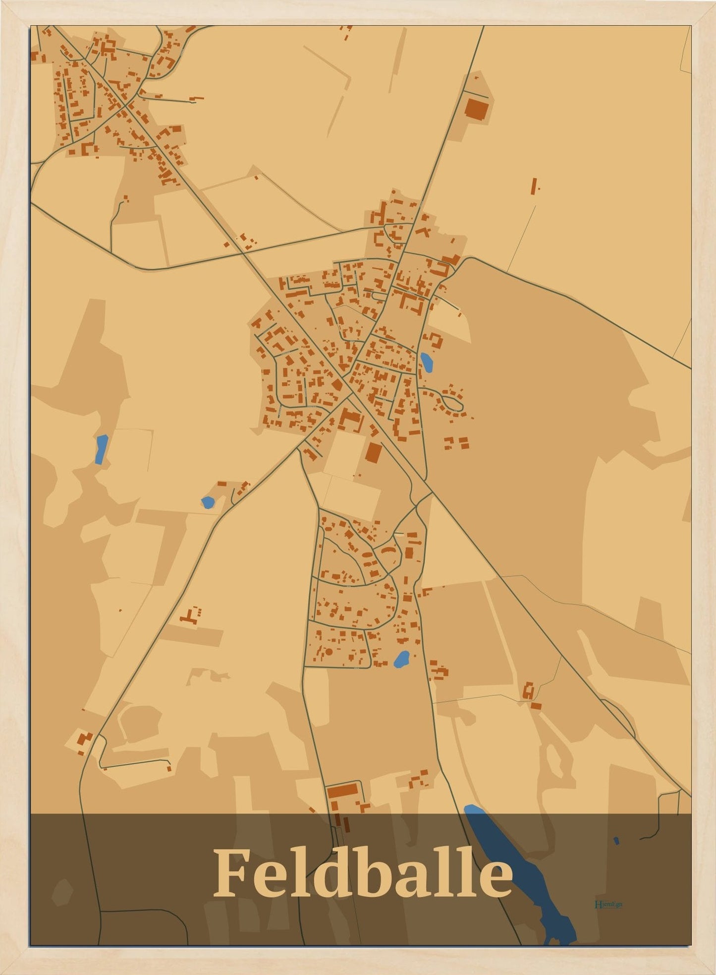 Feldballe plakat i farve pastel brun og HjemEgn.dk design firkantet. Design bykort for Feldballe