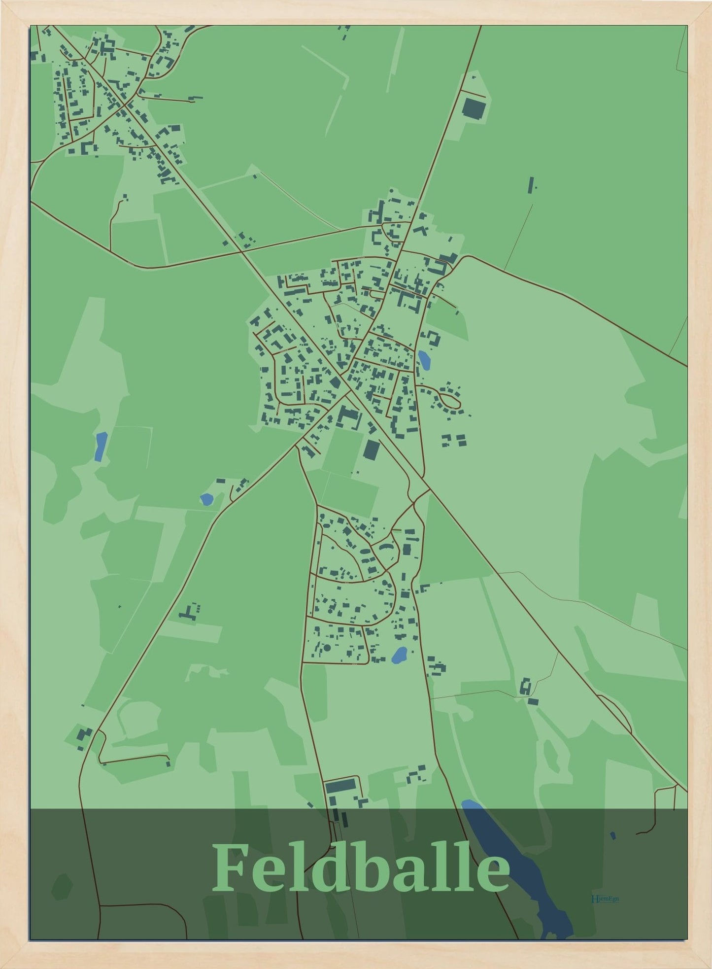 Feldballe plakat i farve pastel grøn og HjemEgn.dk design firkantet. Design bykort for Feldballe