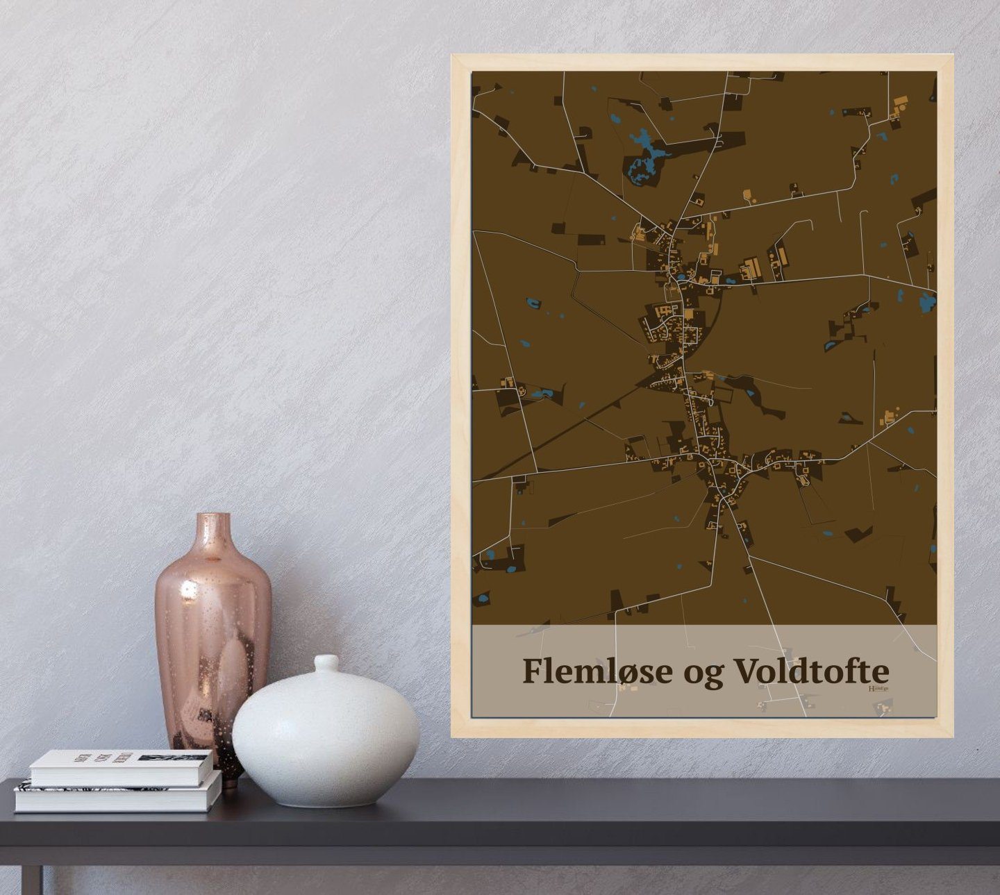 Flemløse & Voldtofte plakat med HjemEgn.dk design firkantet. Design bykort for Flemløse & Voldtofte