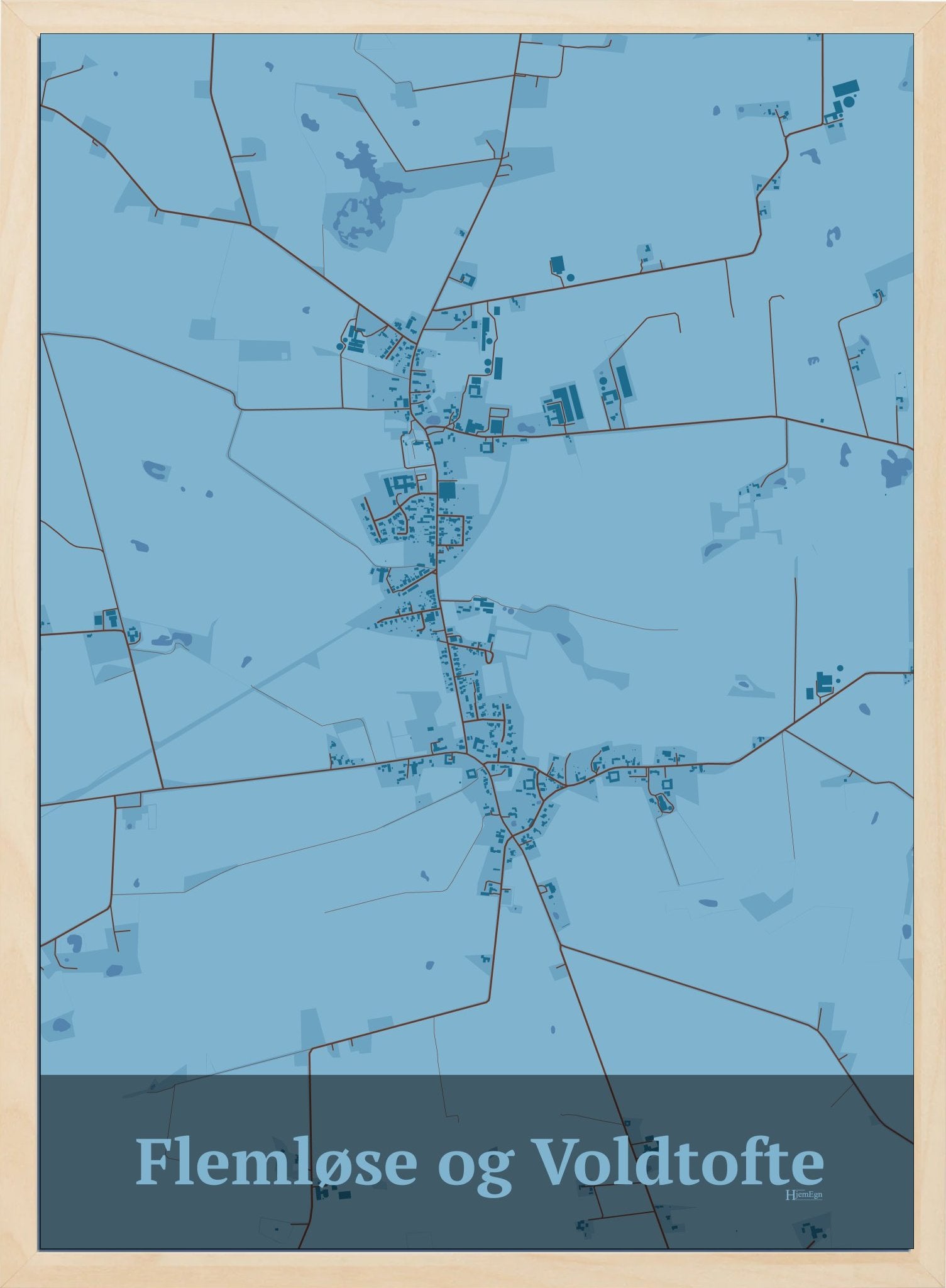 Flemløse & Voldtofte plakat i pastel blå og HjemEgn.dk design firkantet. Design bykort for Flemløse & Voldtofte