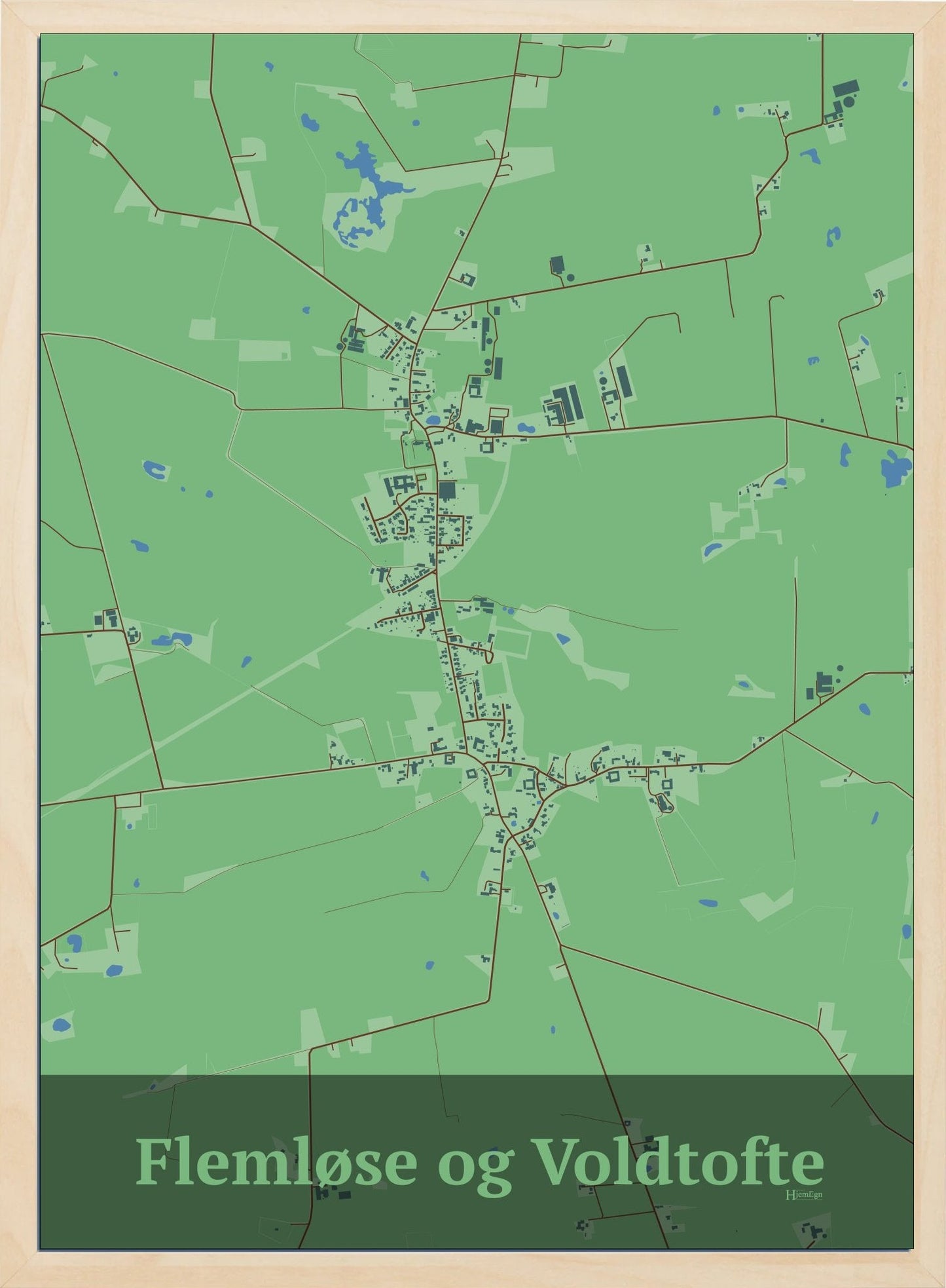 Flemløse & Voldtofte plakat i pastel grøn og HjemEgn.dk design firkantet. Design bykort for Flemløse & Voldtofte
