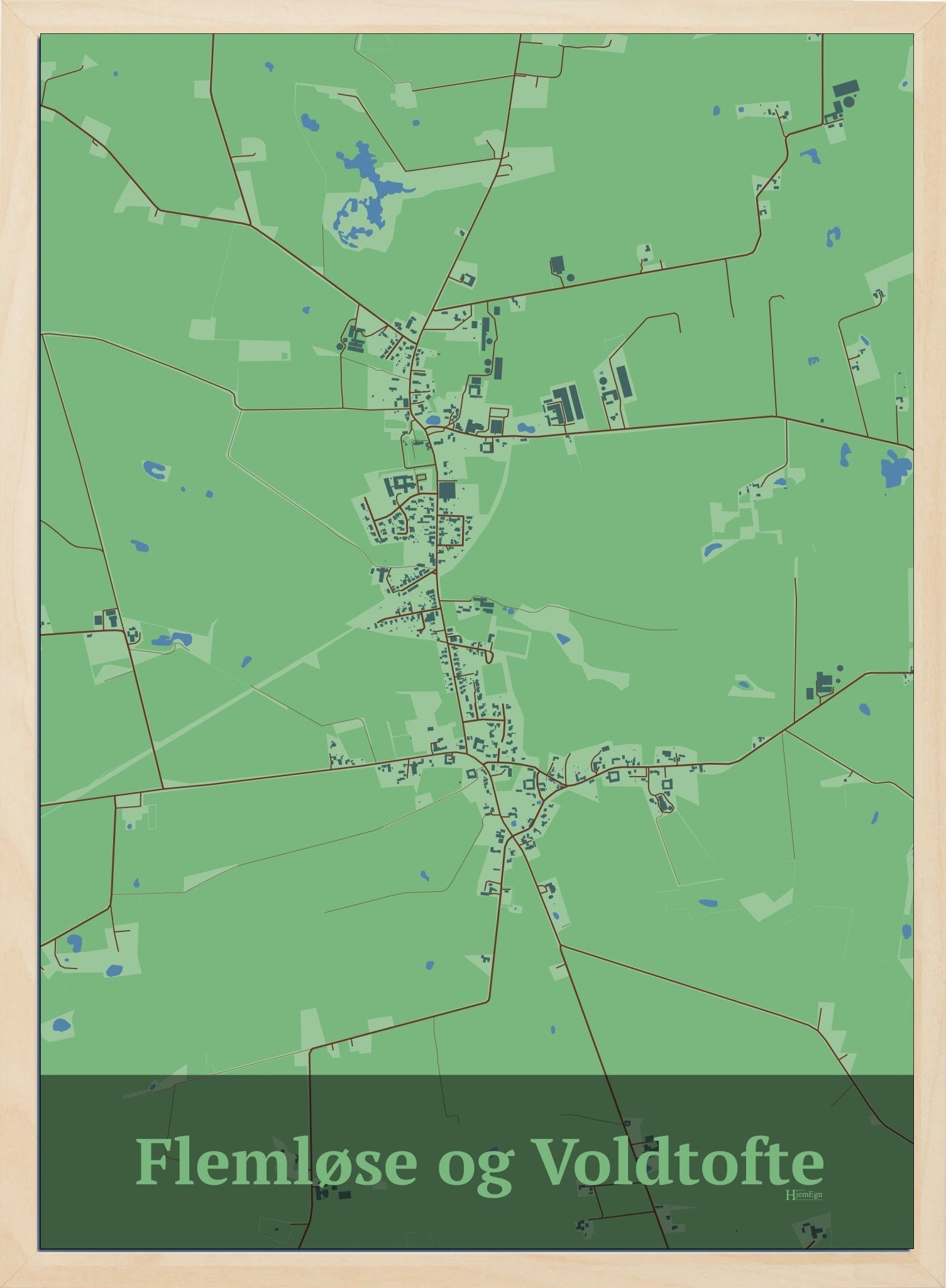 Flemløse & Voldtofte plakat i pastel grøn og HjemEgn.dk design firkantet. Design bykort for Flemløse & Voldtofte