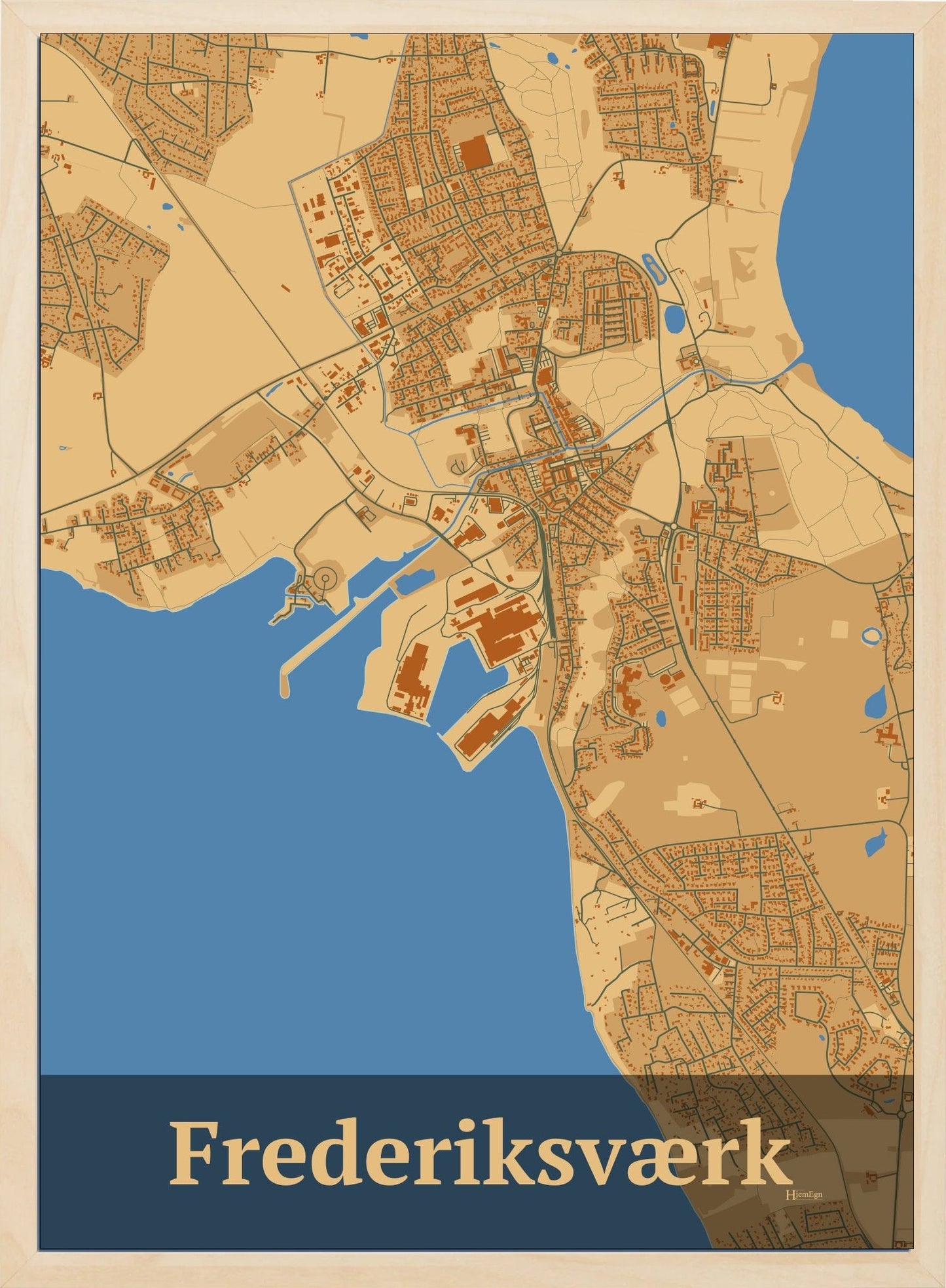 Frederiksværk plakat i farve pastel brun og HjemEgn.dk design firkantet. Design bykort for Frederiksværk