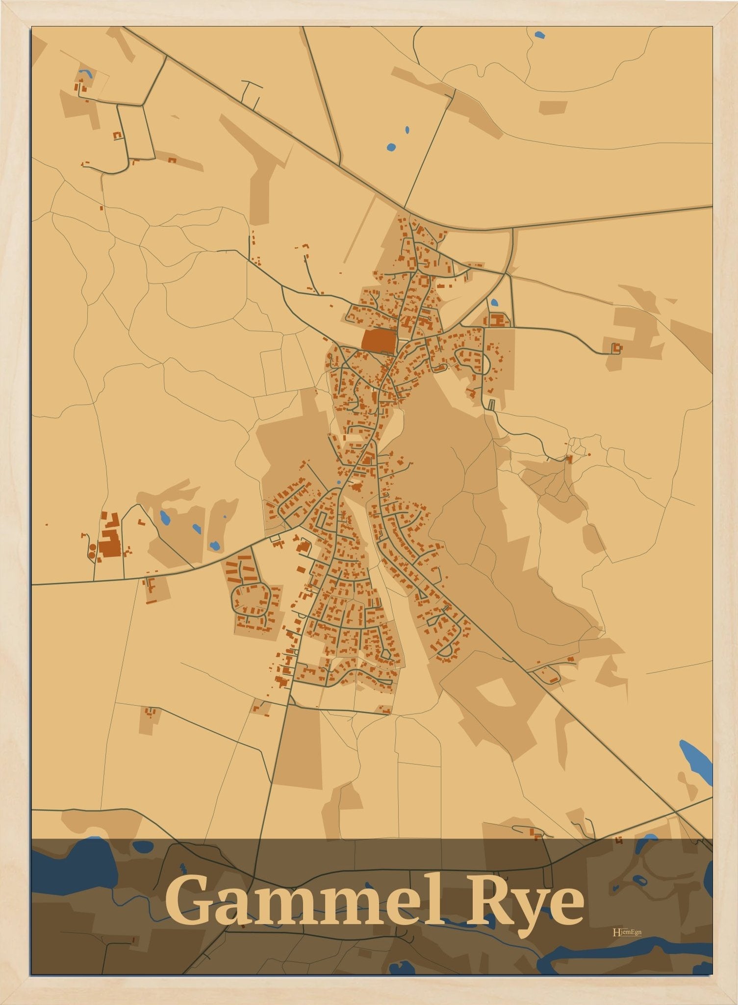 Gammel Rye plakat i farve pastel brun og HjemEgn.dk design firkantet. Design bykort for Gammel Rye