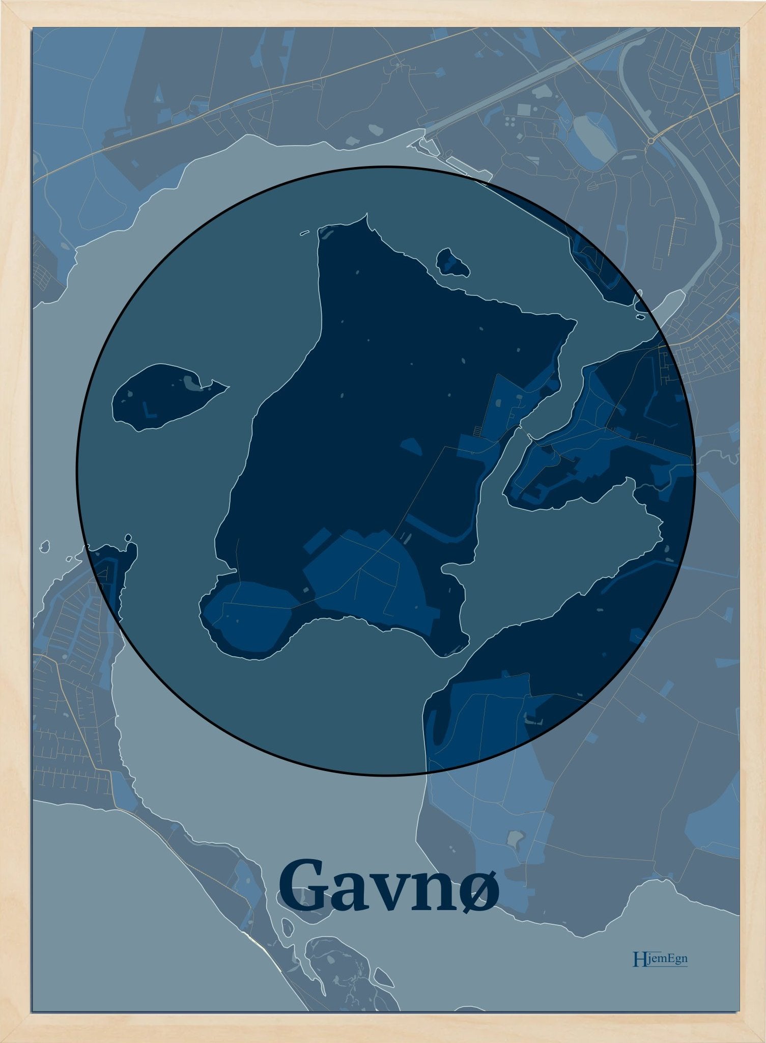 Gavnø plakat i farve mørk blå og HjemEgn.dk design centrum. Design ø-kort for Gavnø