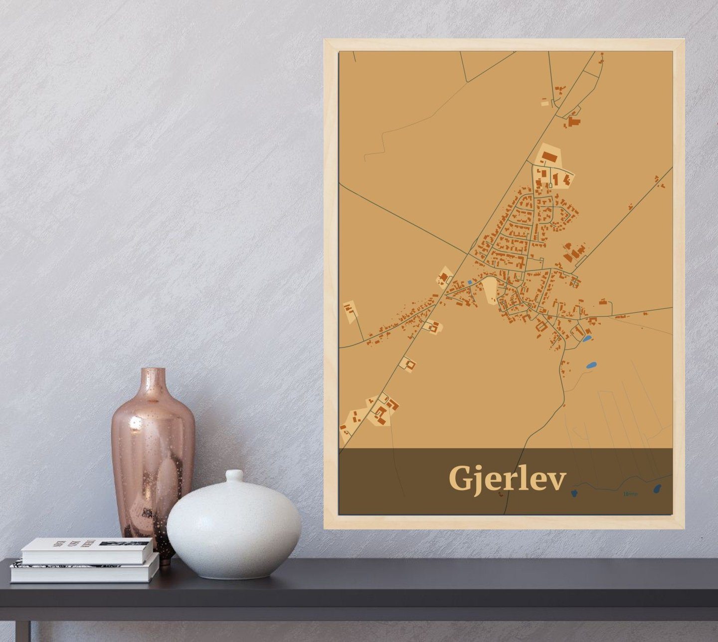 Gjerlev plakat i farve  og HjemEgn.dk design firkantet. Design bykort for Gjerlev