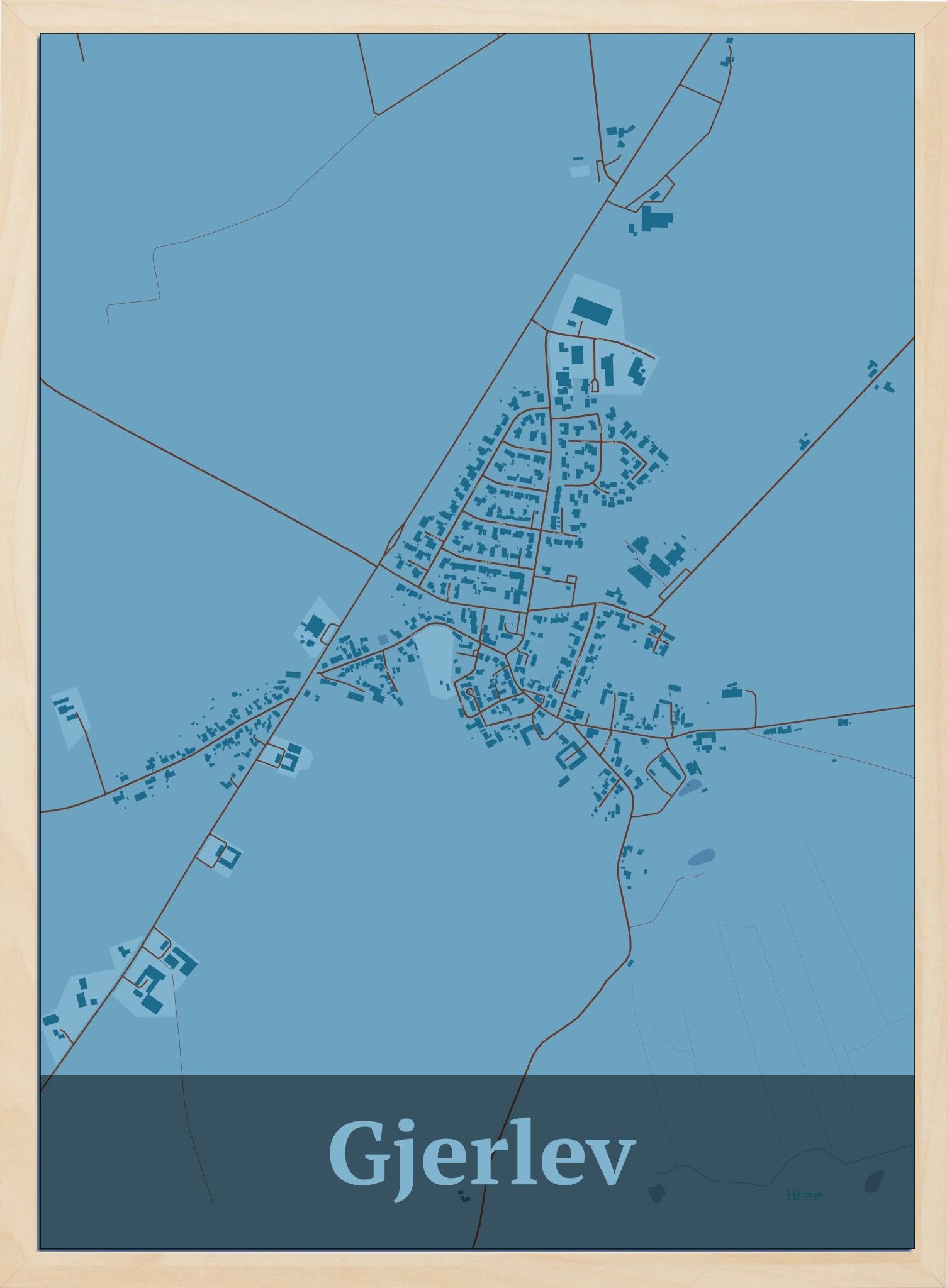 Gjerlev plakat i farve pastel blå og HjemEgn.dk design firkantet. Design bykort for Gjerlev