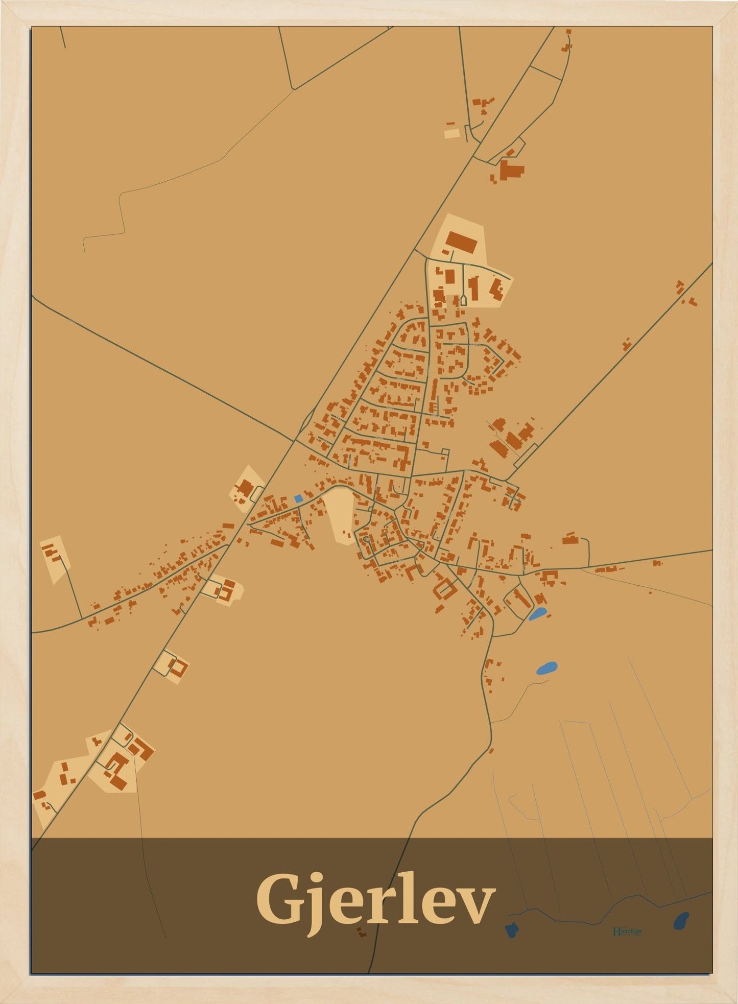 Gjerlev plakat i farve pastel brun og HjemEgn.dk design firkantet. Design bykort for Gjerlev