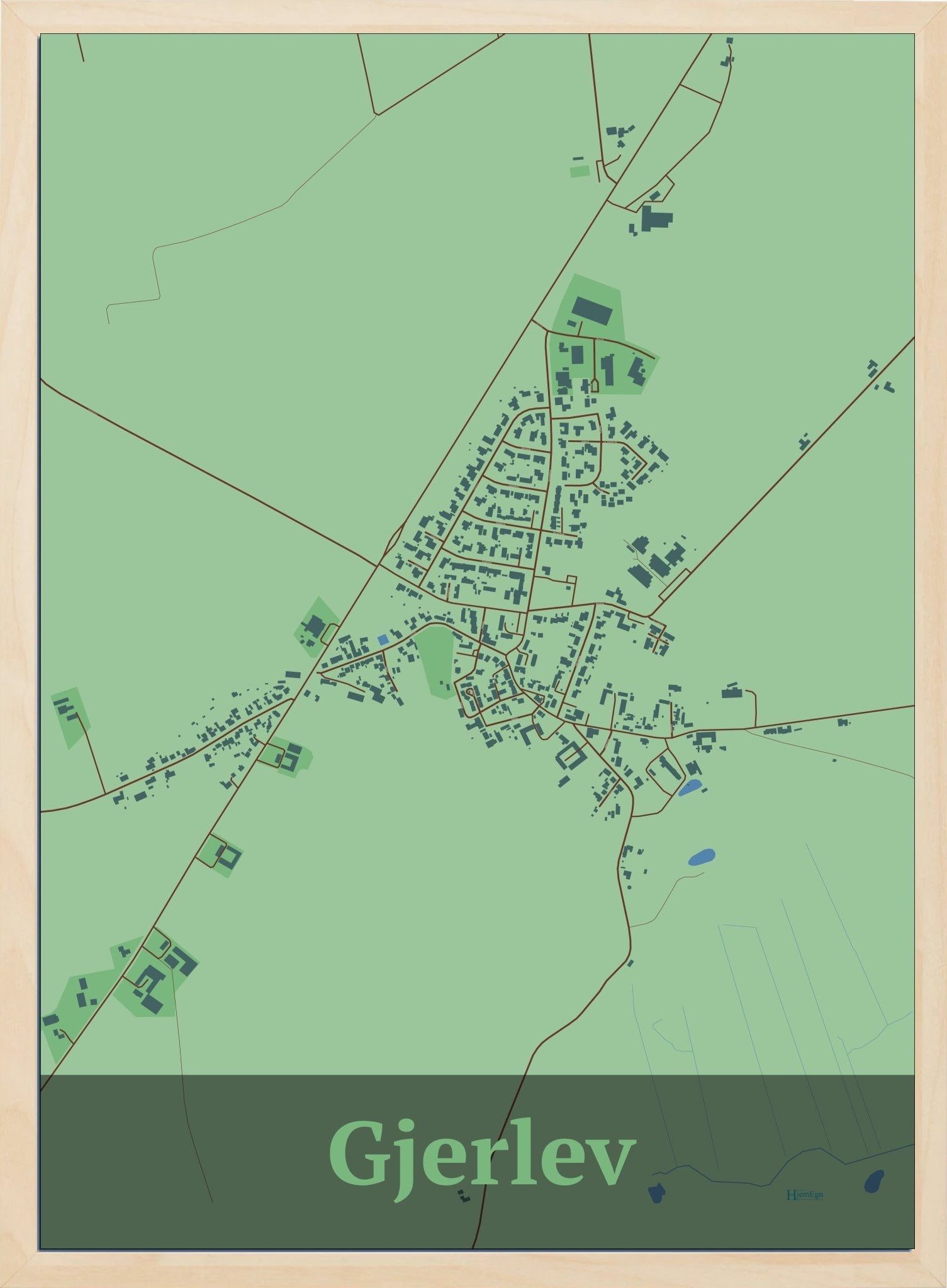 Gjerlev plakat i farve pastel grøn og HjemEgn.dk design firkantet. Design bykort for Gjerlev